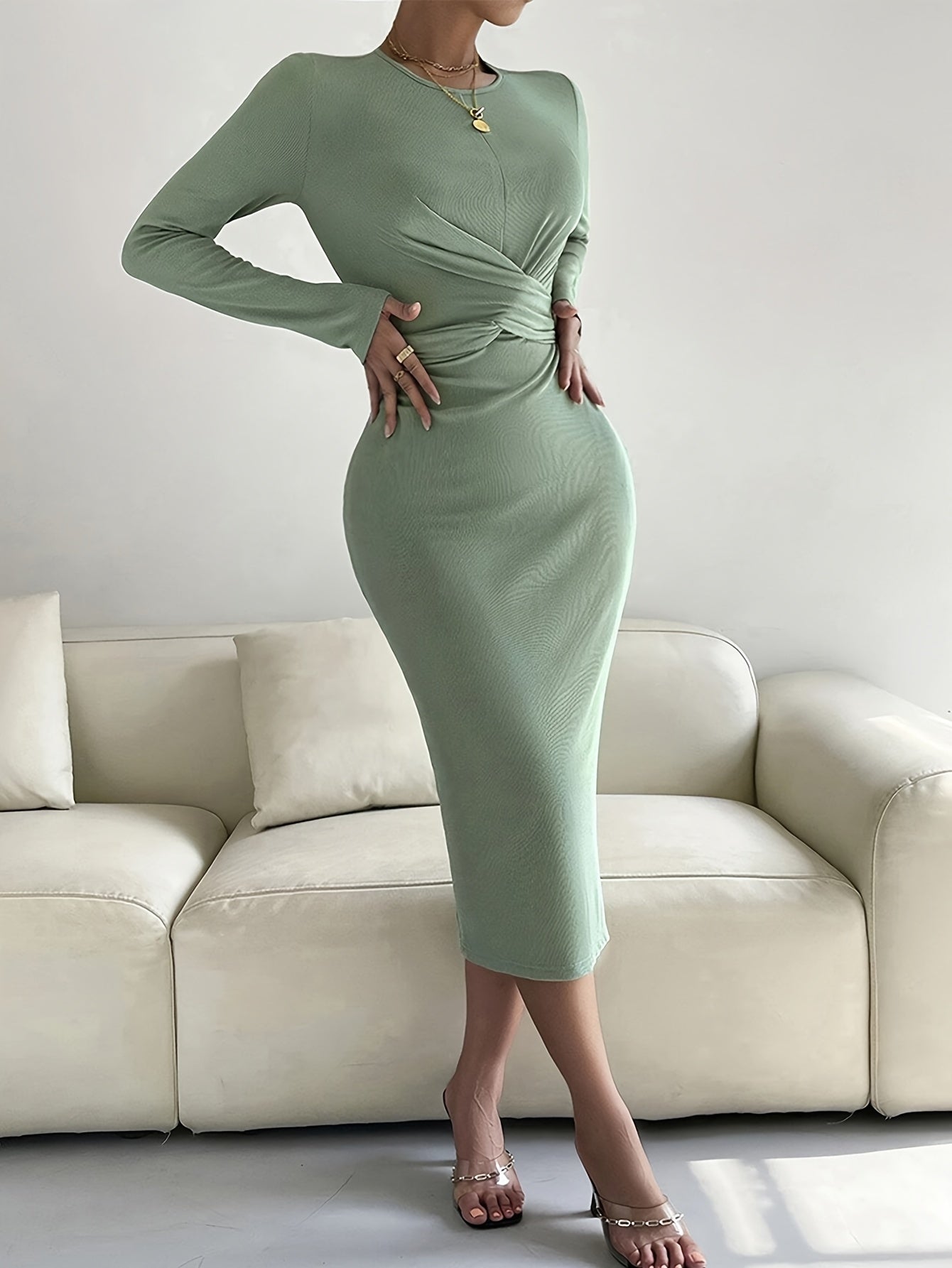 Solid Crew Neck Criss Cross Dress, Elegant Long Sleeve Tie Back Split Bodycon Dress, Women's Clothing