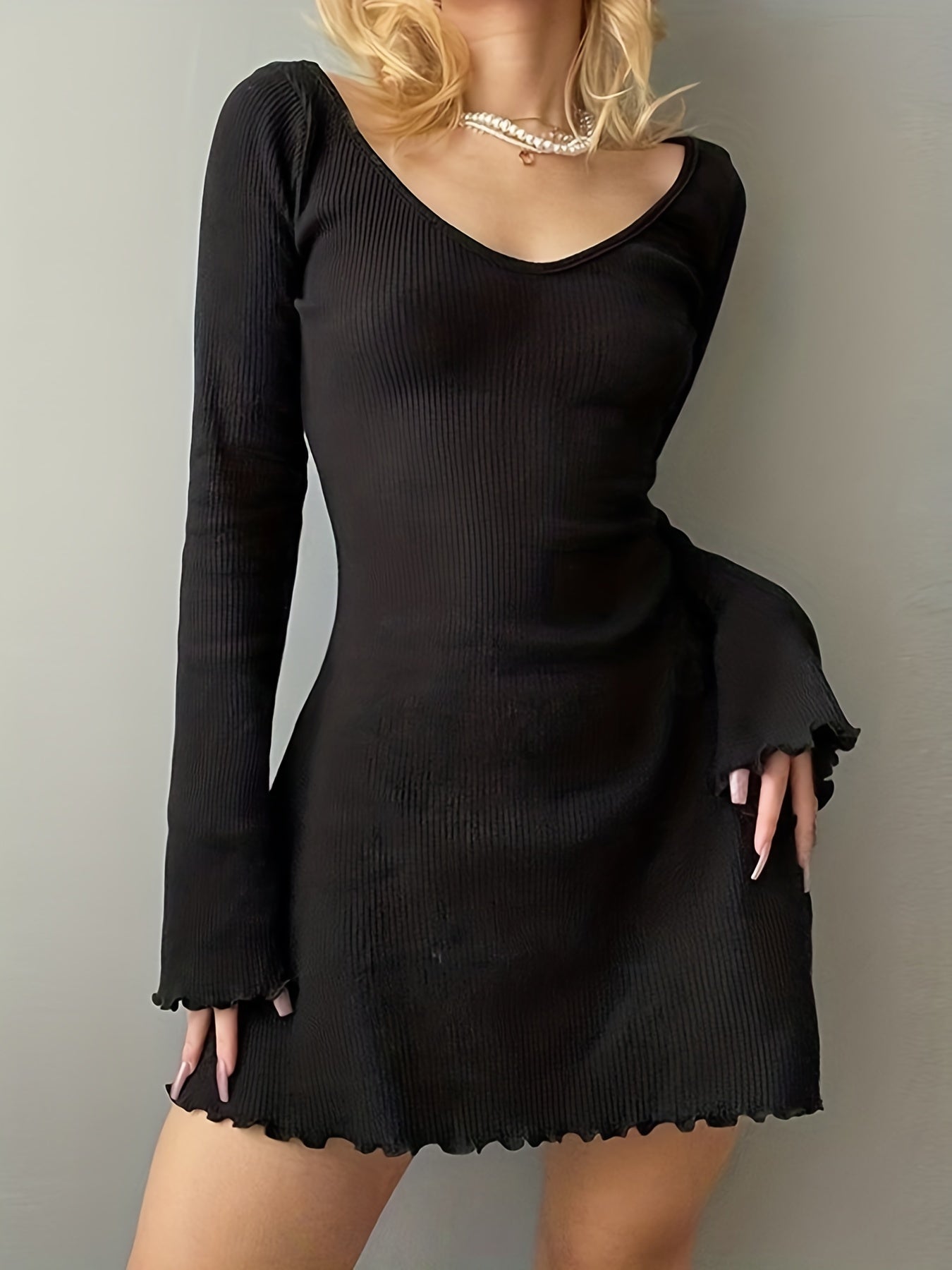 gbolsos Lettuce Trim Solid Dress, Elegant Crew Neck Long Sleeve Dress, Women's Clothing