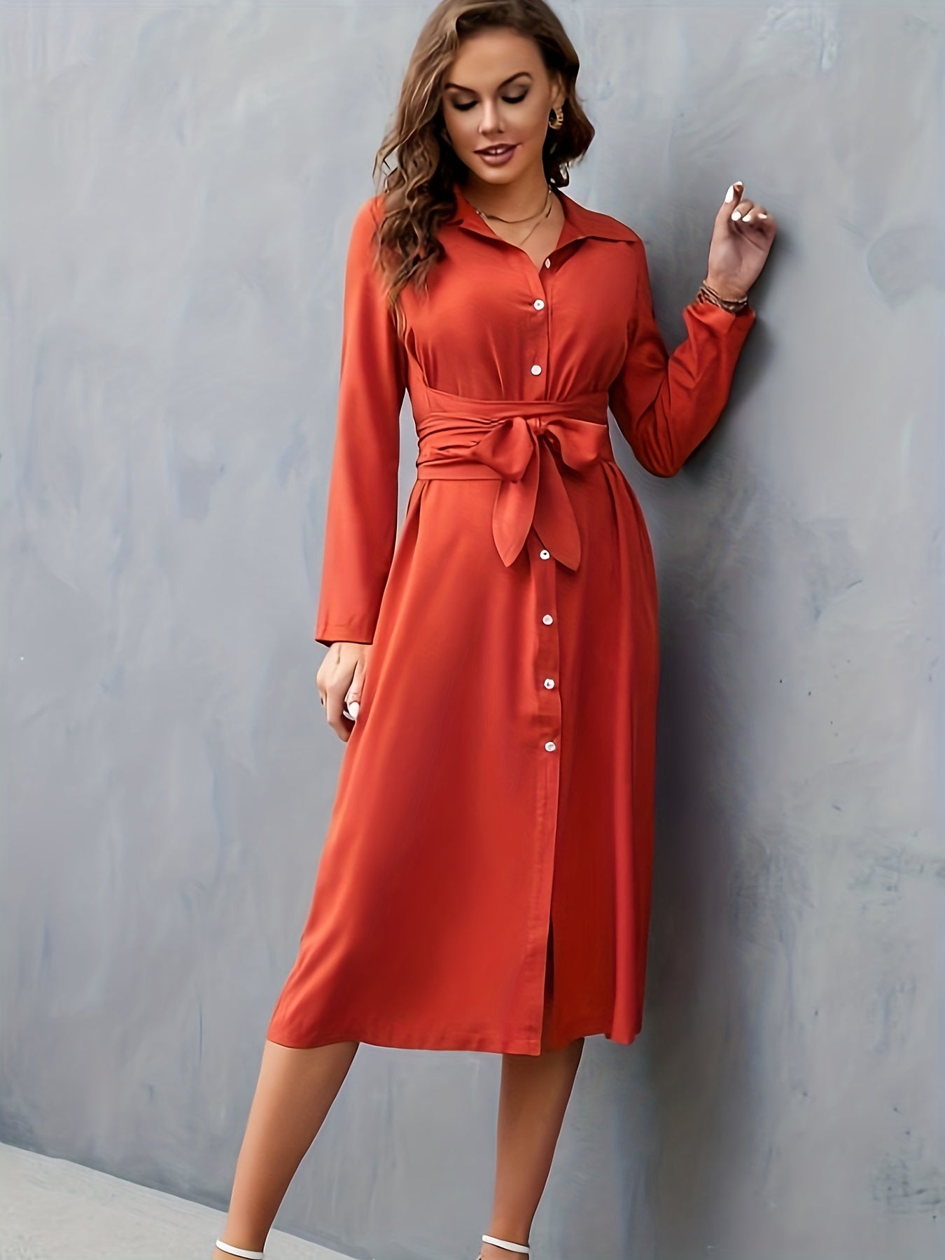 Solid Button Front Belted Dress, Elegant Long Sleeve Slim Dress, Women's Clothing