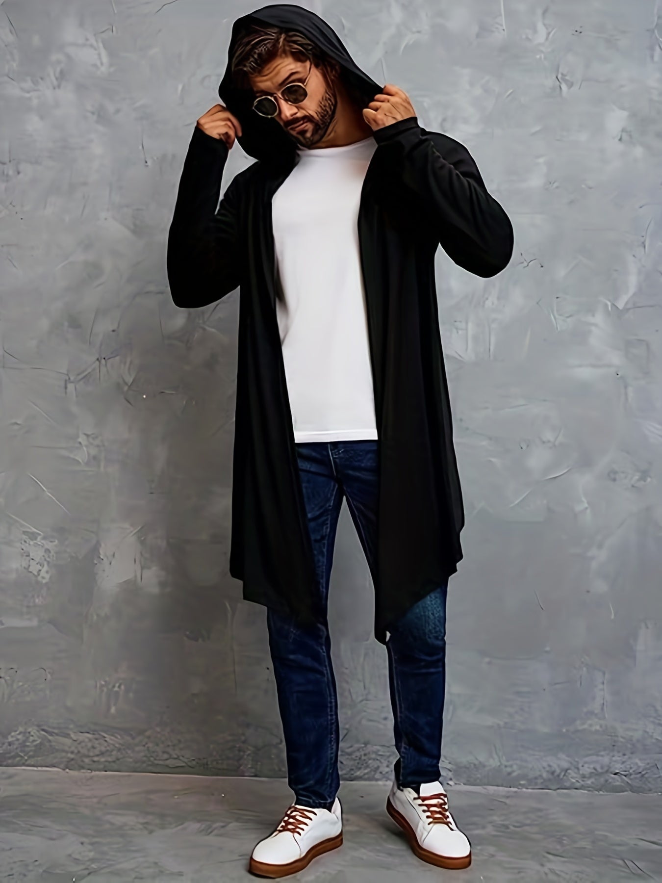 gbolsos Men's Hip Hop Hooded Cardigan With Solid Color, Casual Draped Long Sleeve Coat With Hooded Cloak & Asymmetrical Hem For Male, Plus Size