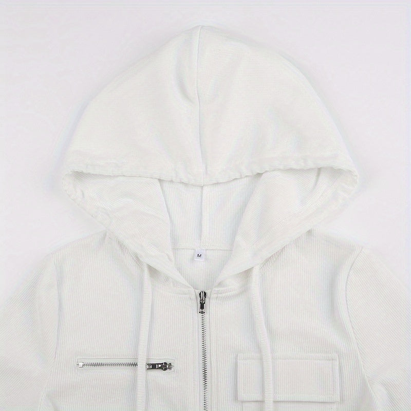 gbolsos Zip Up Drawstring Jacket, Casual Solid Long Sleeve Hooded Outerwear, Women's Clothing