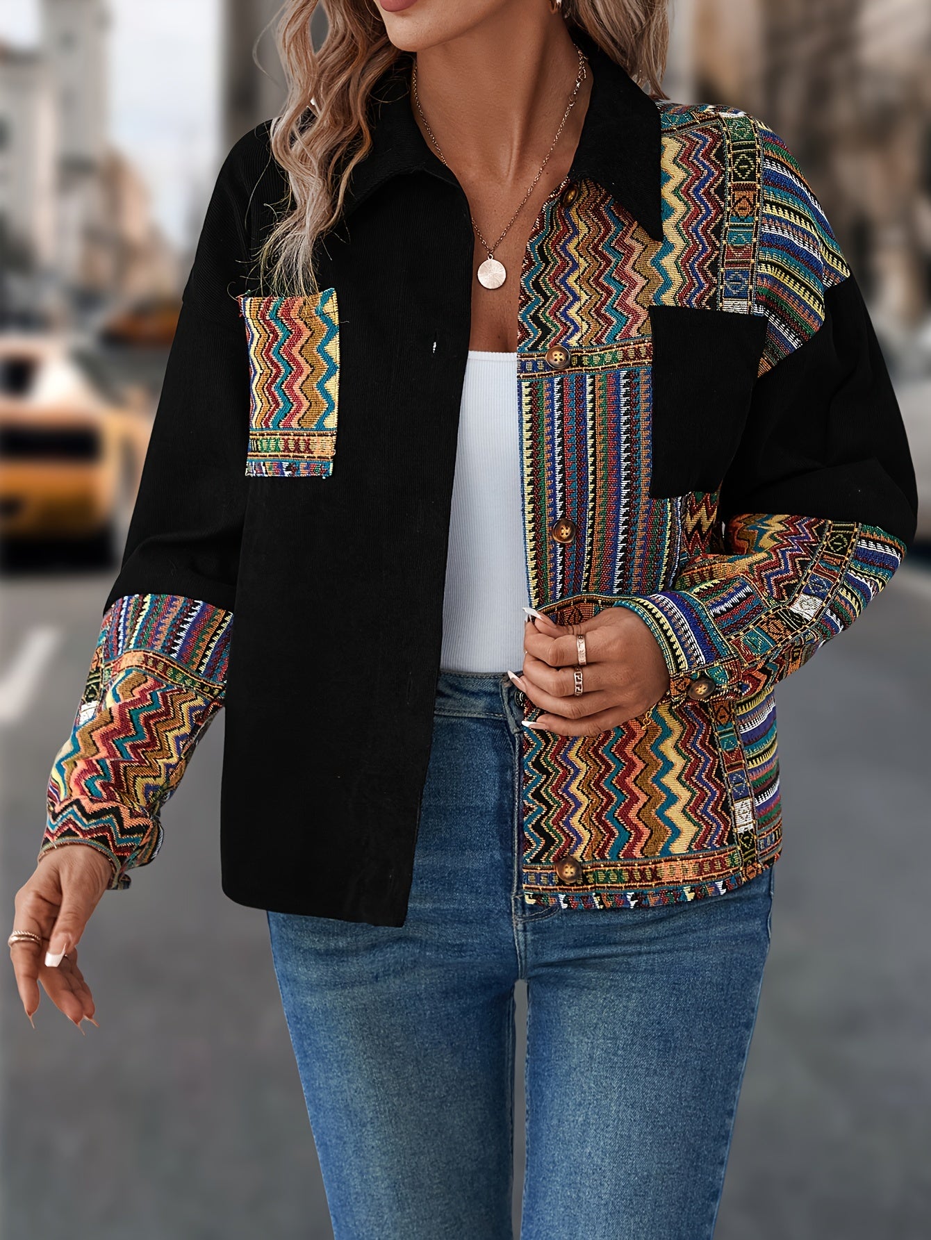 Patchwork Print Patched Pockets Jacket, Ethnic Color Block Single Button Jacket, Women's Clothing