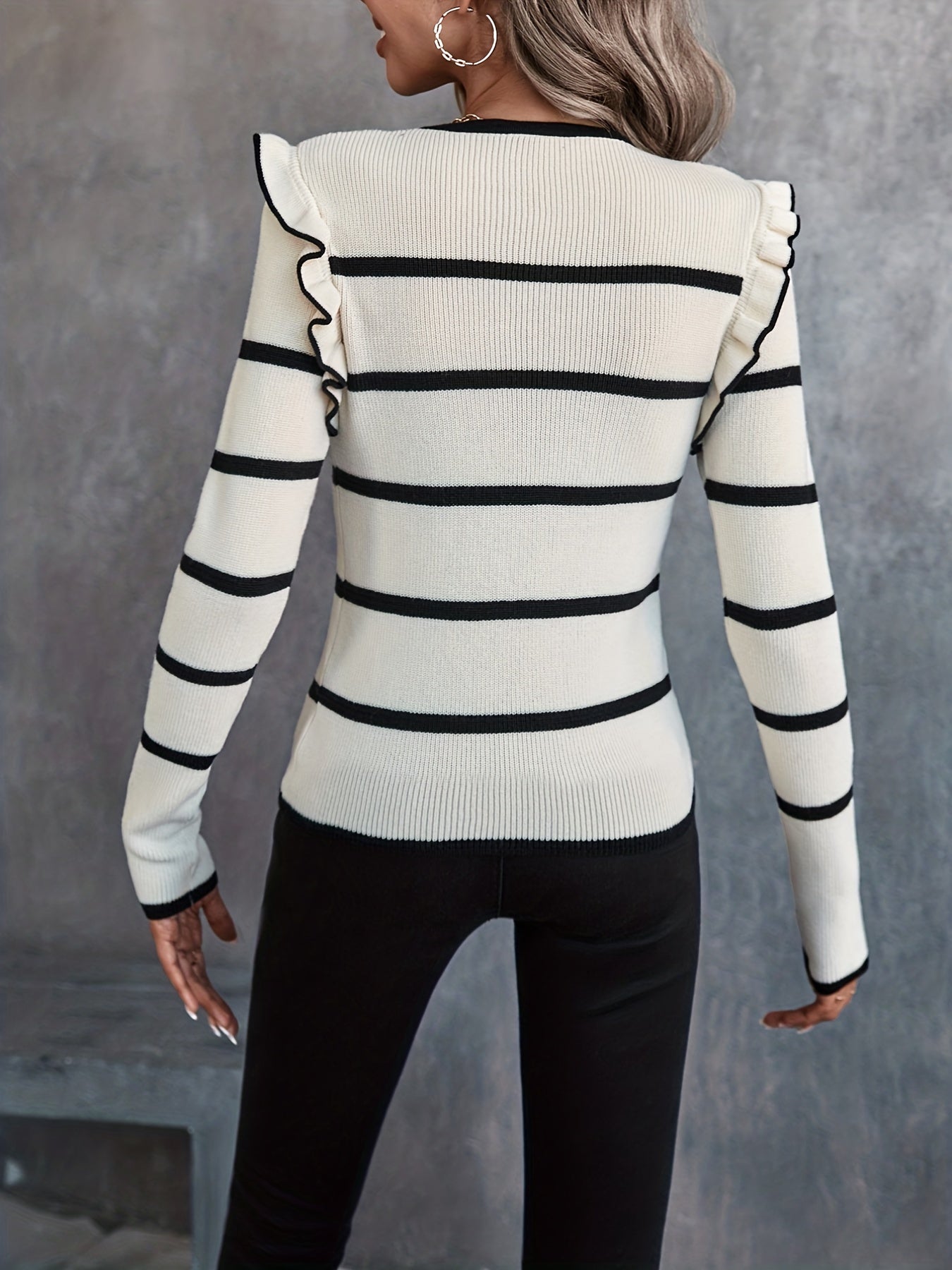 gbolsos Striped Crew Neck Pullover Sweater, Elegant Long Sleeve Ruffle Trim Sweater, Women's Clothing