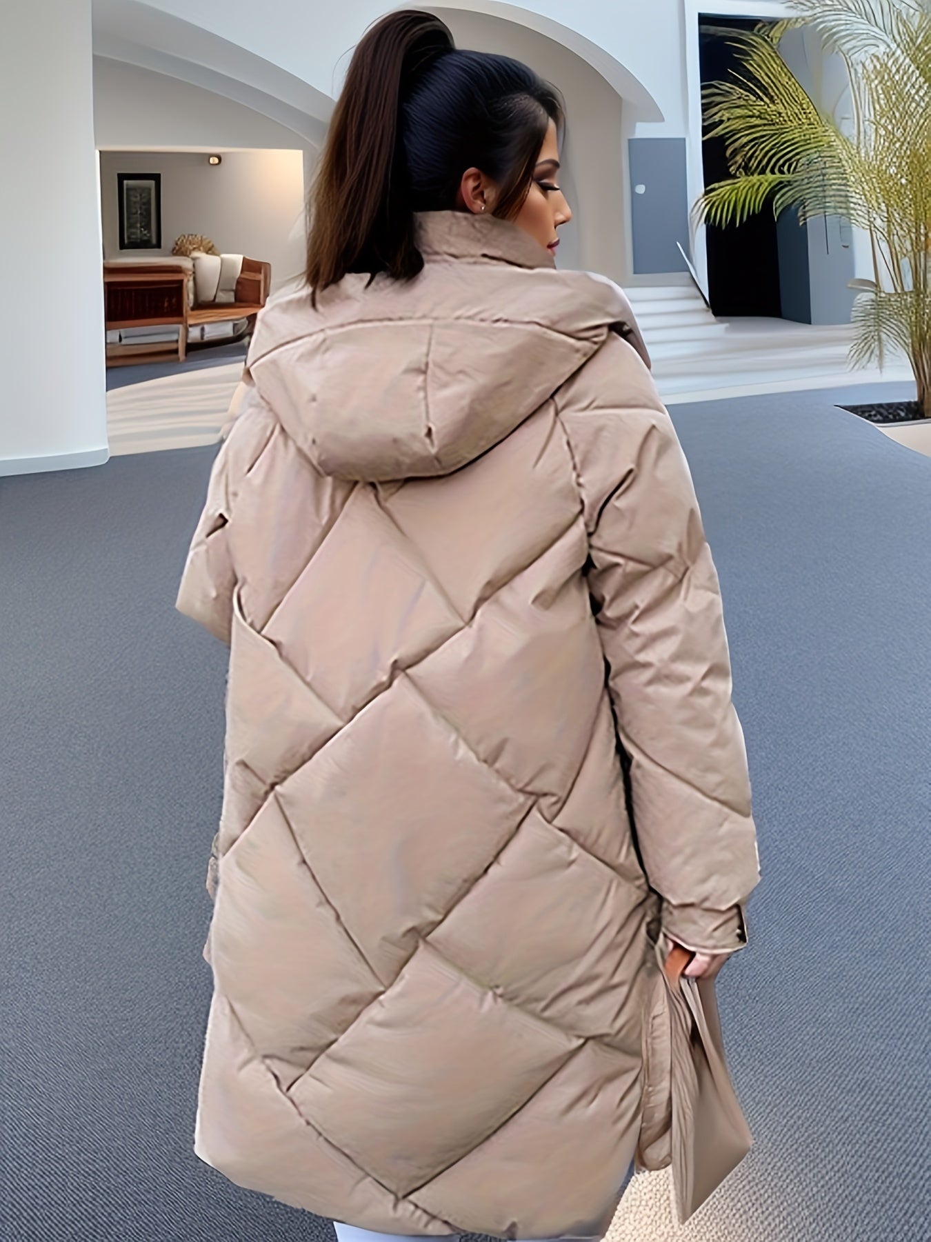 Button Front Warm Hooded Coat, Casual Long Length Winter Outerwear, Women's Clothing