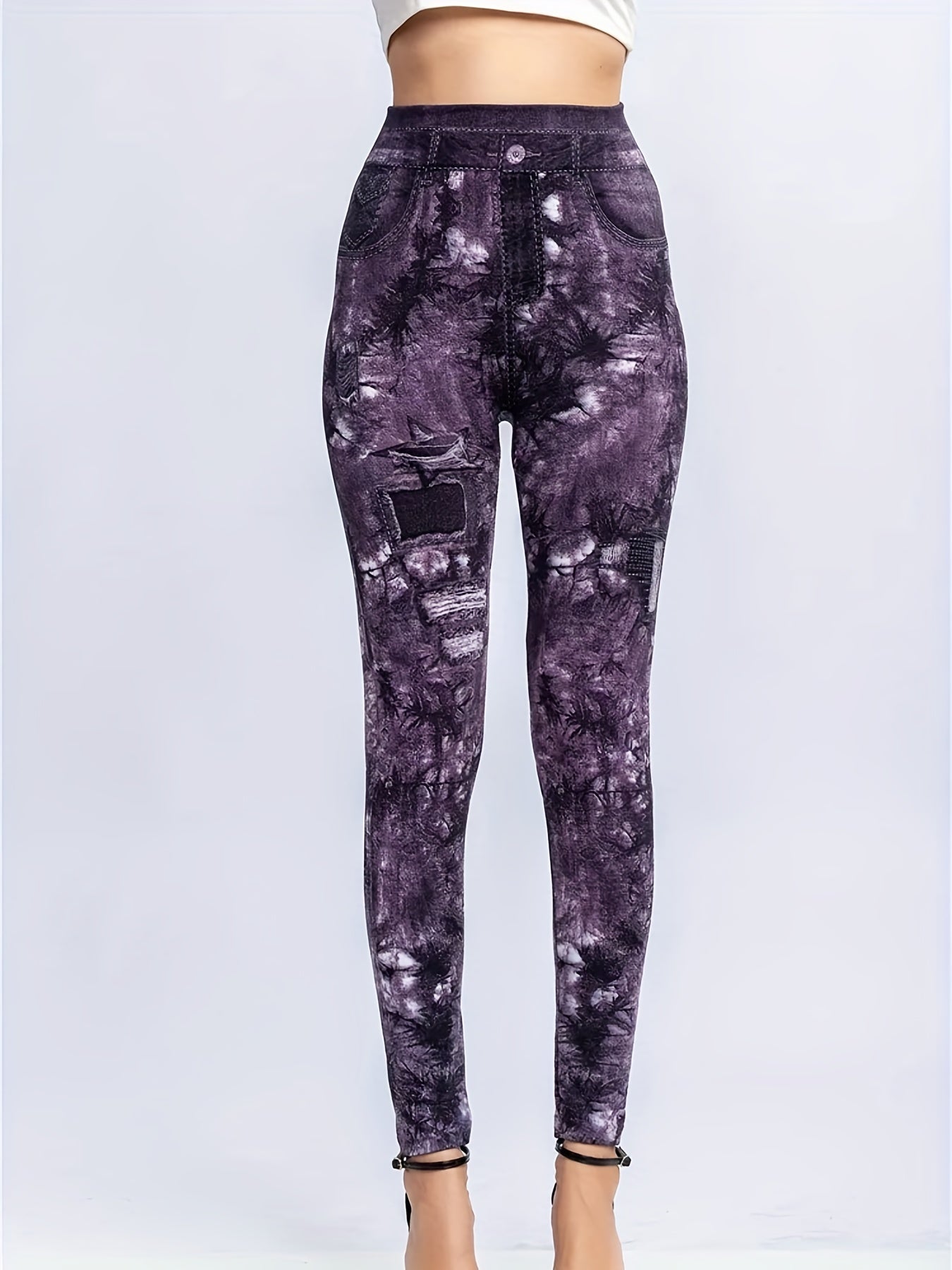 gbolsosDenim Print High Waist Jeggings, Slim Stretchy Casual Leggings, Women's Clothing
