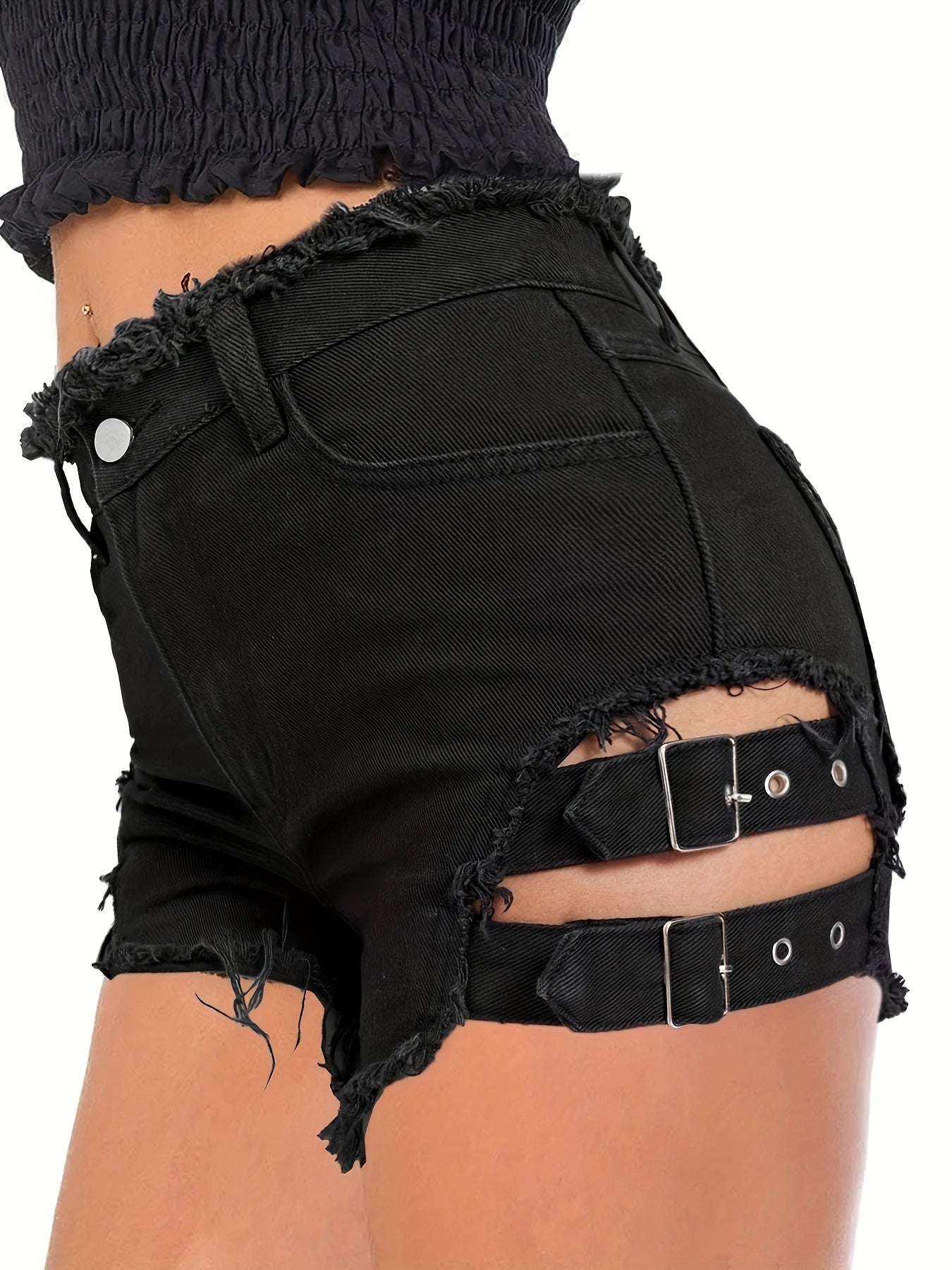 gbolsosBlack Ripped Holes Denim Shorts, Raw Hem Distressed Slash Pockets Short Denim Pants, Women's Denim Jeans & Clothing