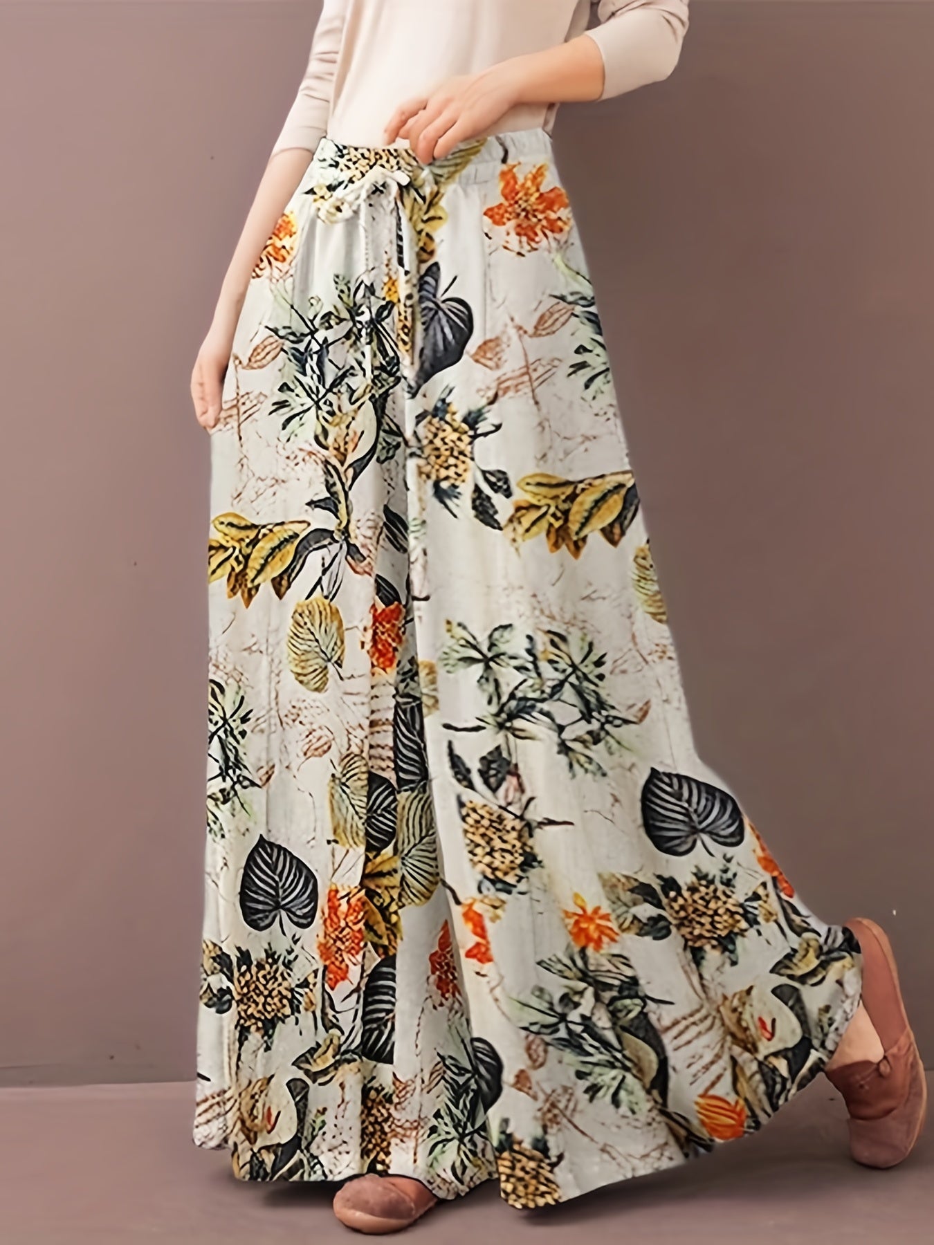 Plus Size Casual Pants, Women's Plus Floral Print Wide Leg Loose Drawstring Pants With Pockets