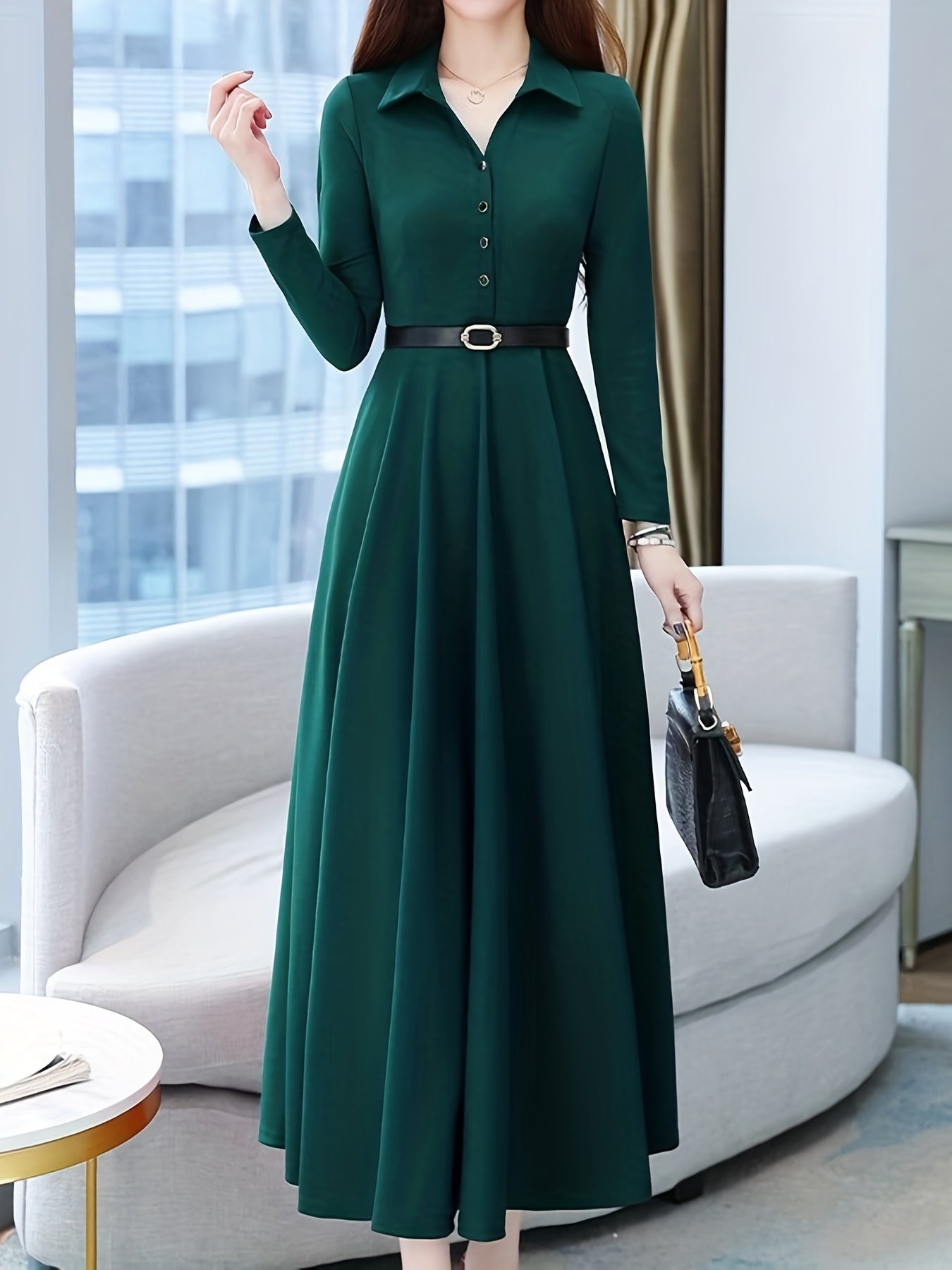 gbolsos Solid Buttons Dress, Vintage High Waist Long Sleeve Pleated Dress, Women's Clothing
