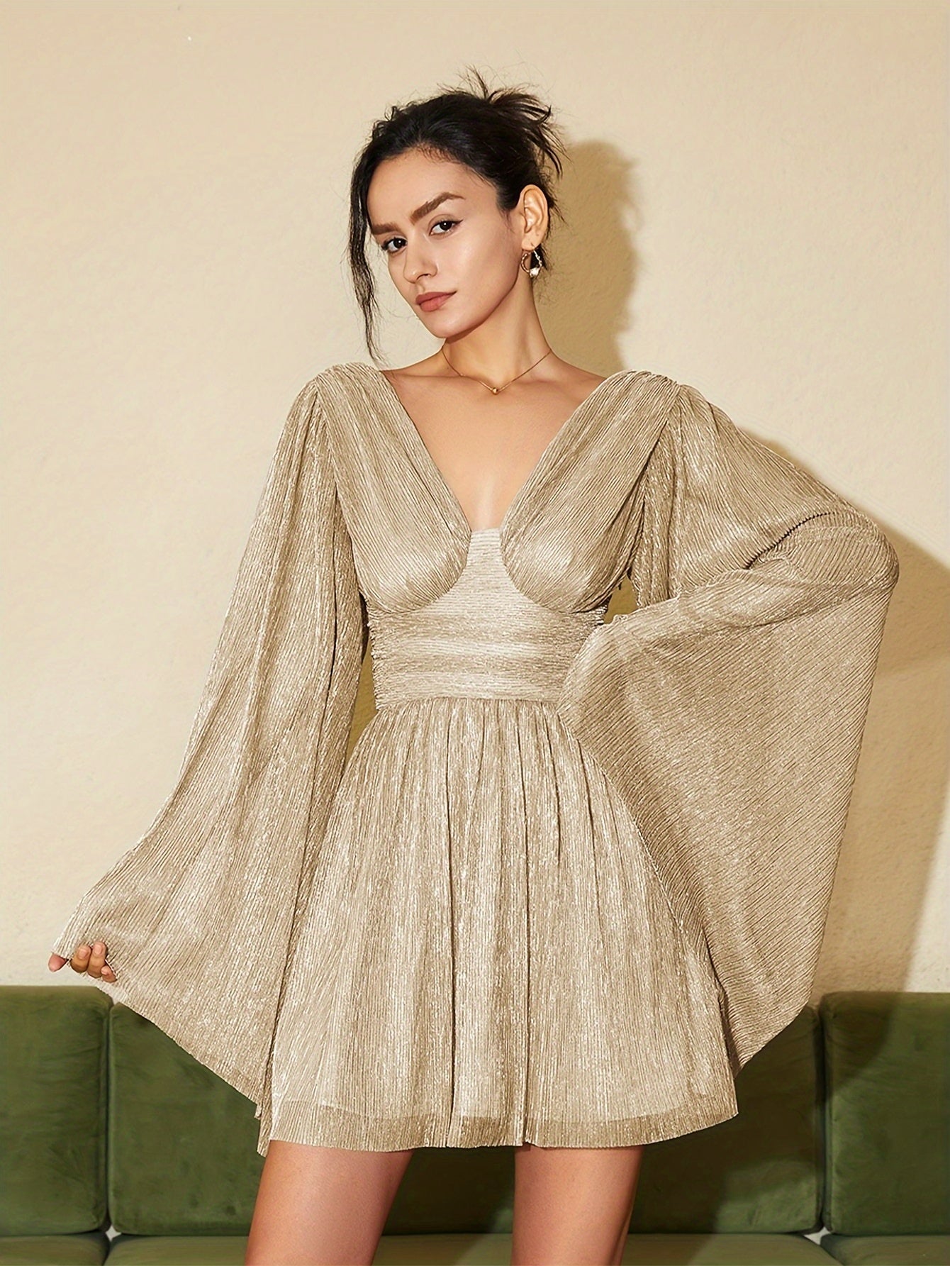 gbolsos Solid Deep V-neck Ruffle Dress, Elegant Flare Sleeve Slim Cut Out Dress For Spring & Fall, Women's Clothing