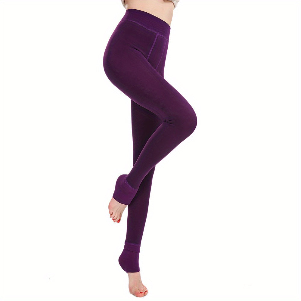 Plush Lined Crop Tights, Comfy Thermal High Waisted Elastic Leggings Pants, Women's Stockings & Hosiery