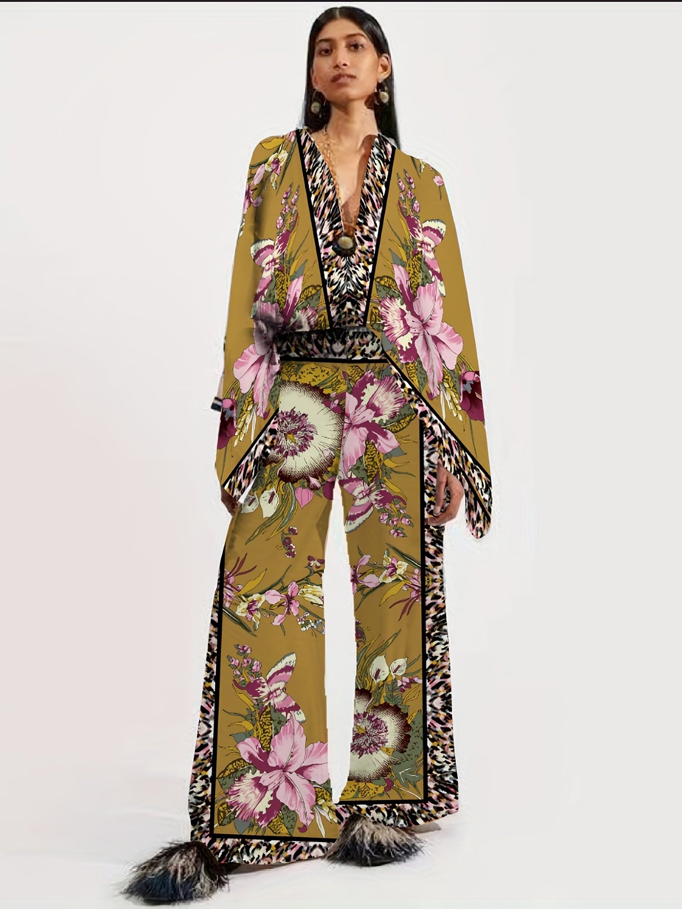 gbolsos Vacation Ethnic Print Two-piece Set, Long Sleeve Button Front Blouse & High Waist Wide Leg Pants Outfits, Women's Clothing