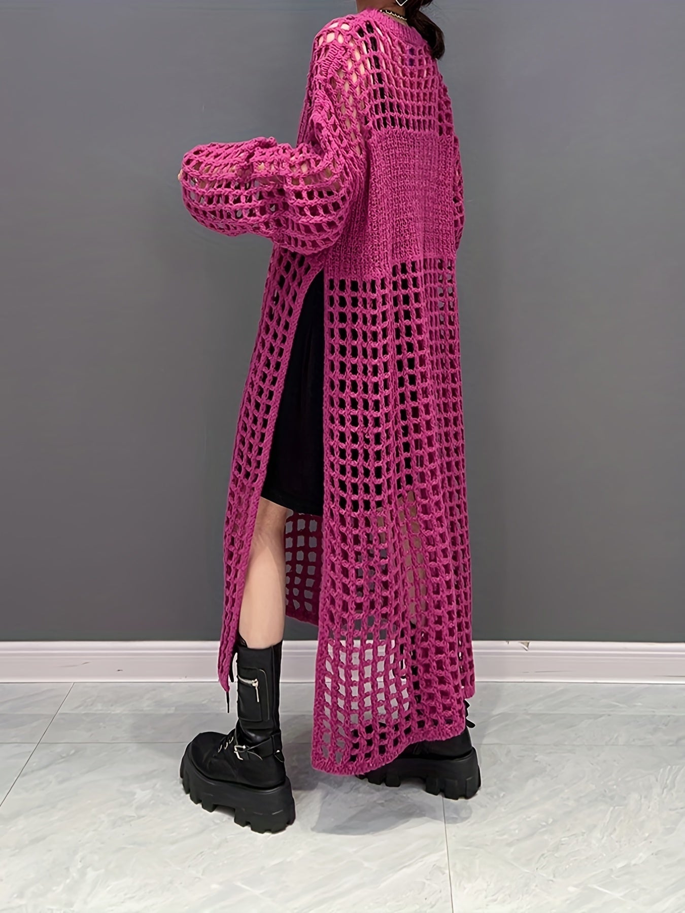 Crochet Split Thigh Dress, Casual Solid Long Sleeve Maxi Dress, Women's Clothing
