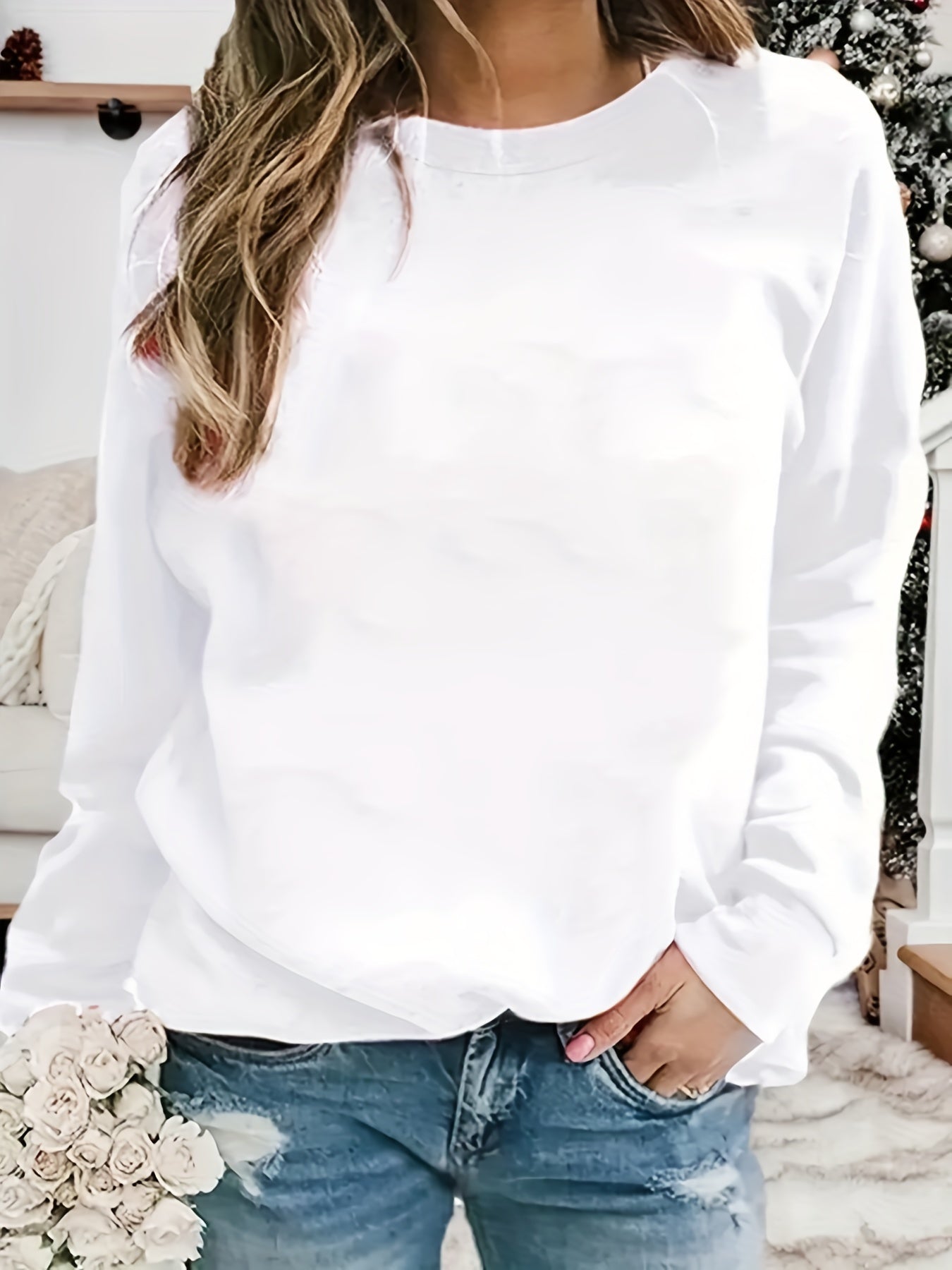 gbolsos Solid Crew Neck Pullover, Casual Fashion Loose Long Sleeve Sweatshirt, Women's Clothing