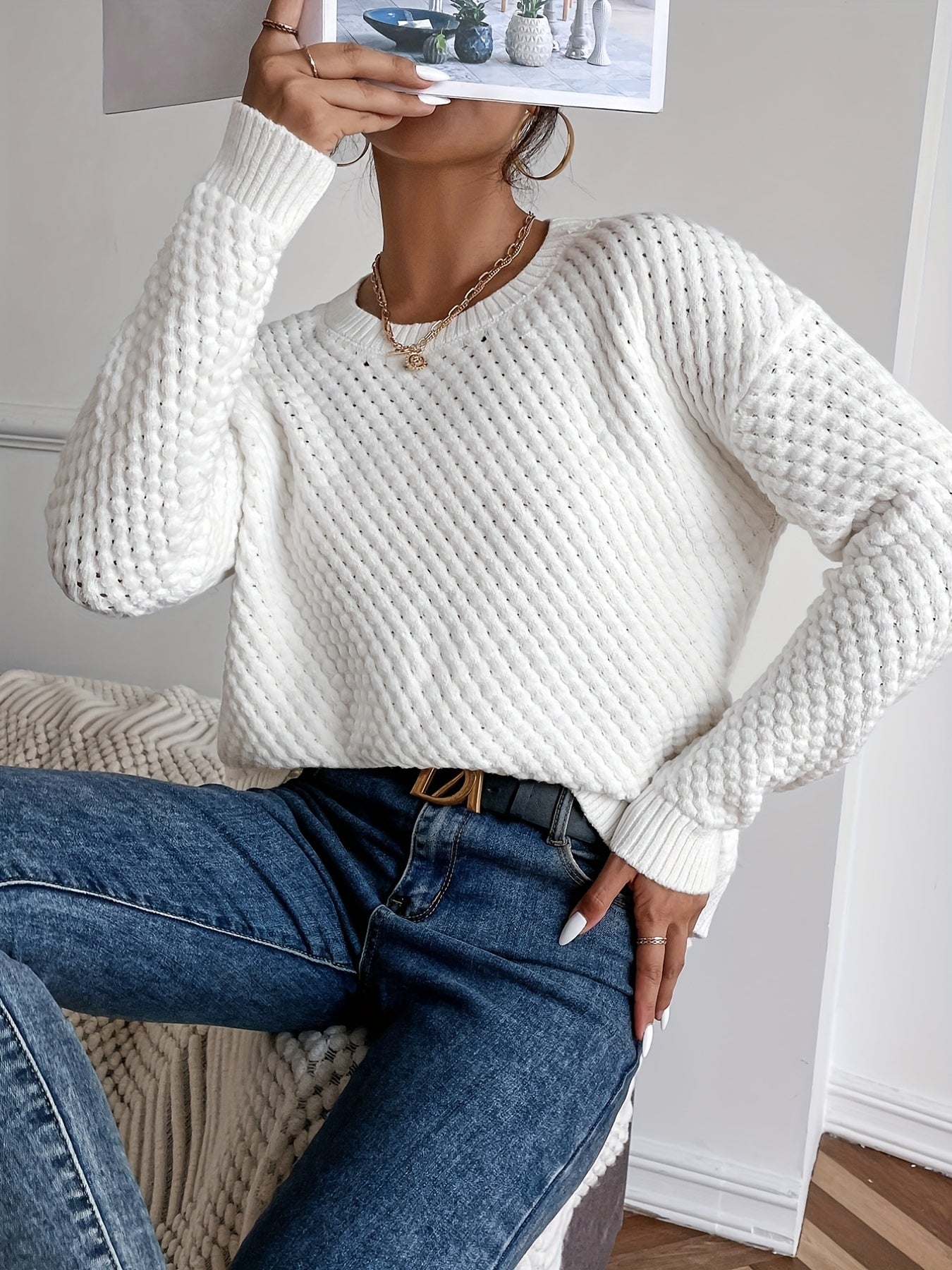 gbolsos Solid Crew Neck Pullover Sweater, Casual Long Sleeve Comfy Sweater, Women's Clothing