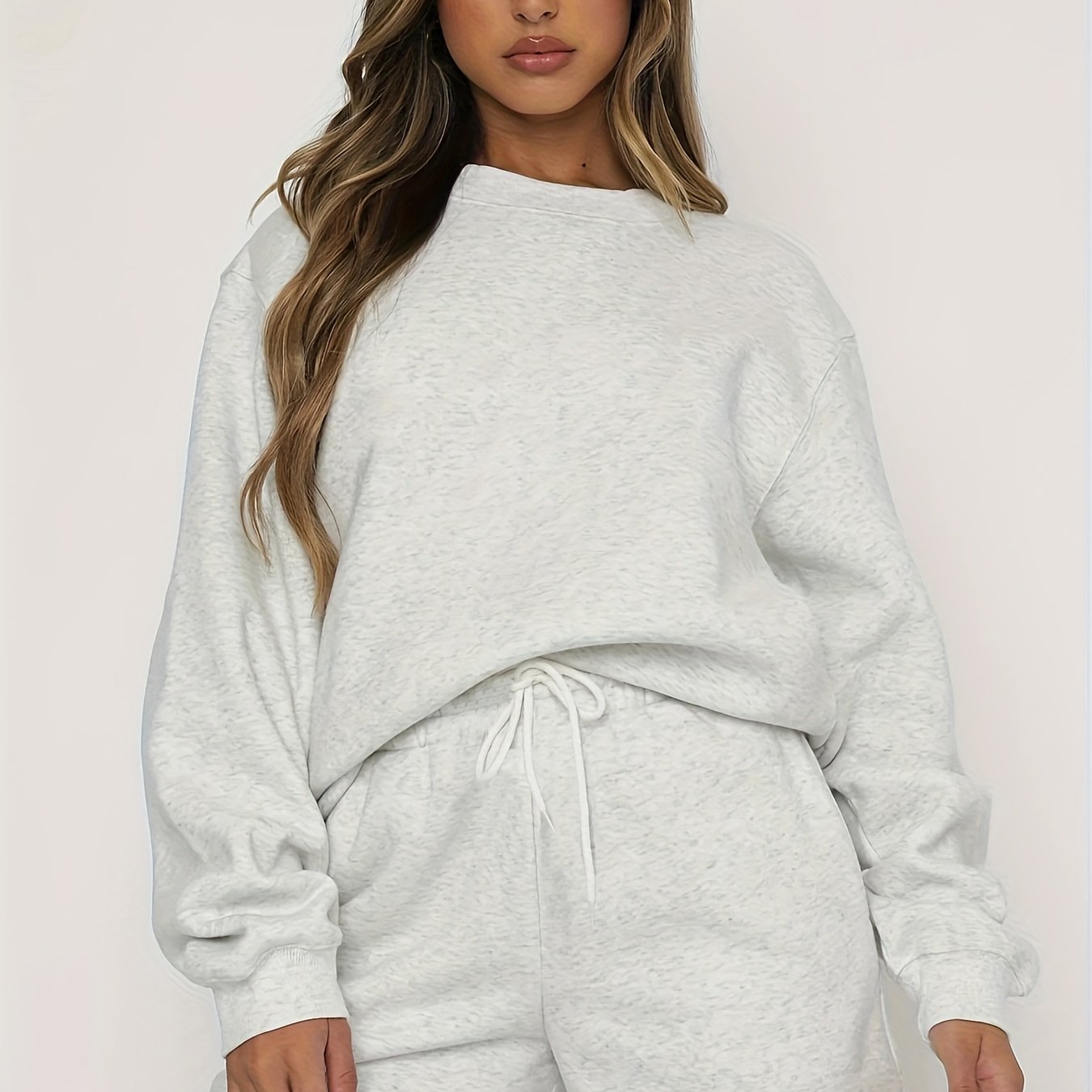 gbolsos 2 Pieces Solid Color Casual Sports Set, Crew Neck Long Sleeve Pullover Shirts & Drawstring Sweatpants, Women's Activewear