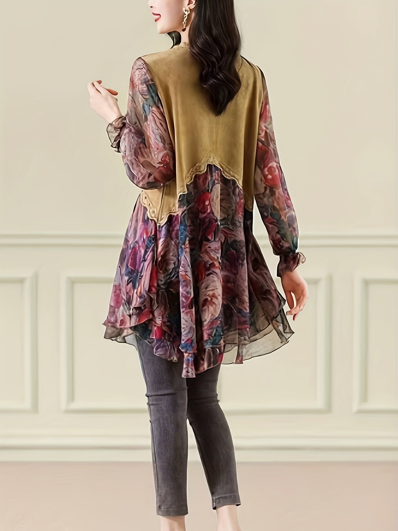 gbolsos Floral Print Splicing V-neck Tunics, Elegant Long Sleeve Color Block Top For Spring & Fall, Women's Clothing