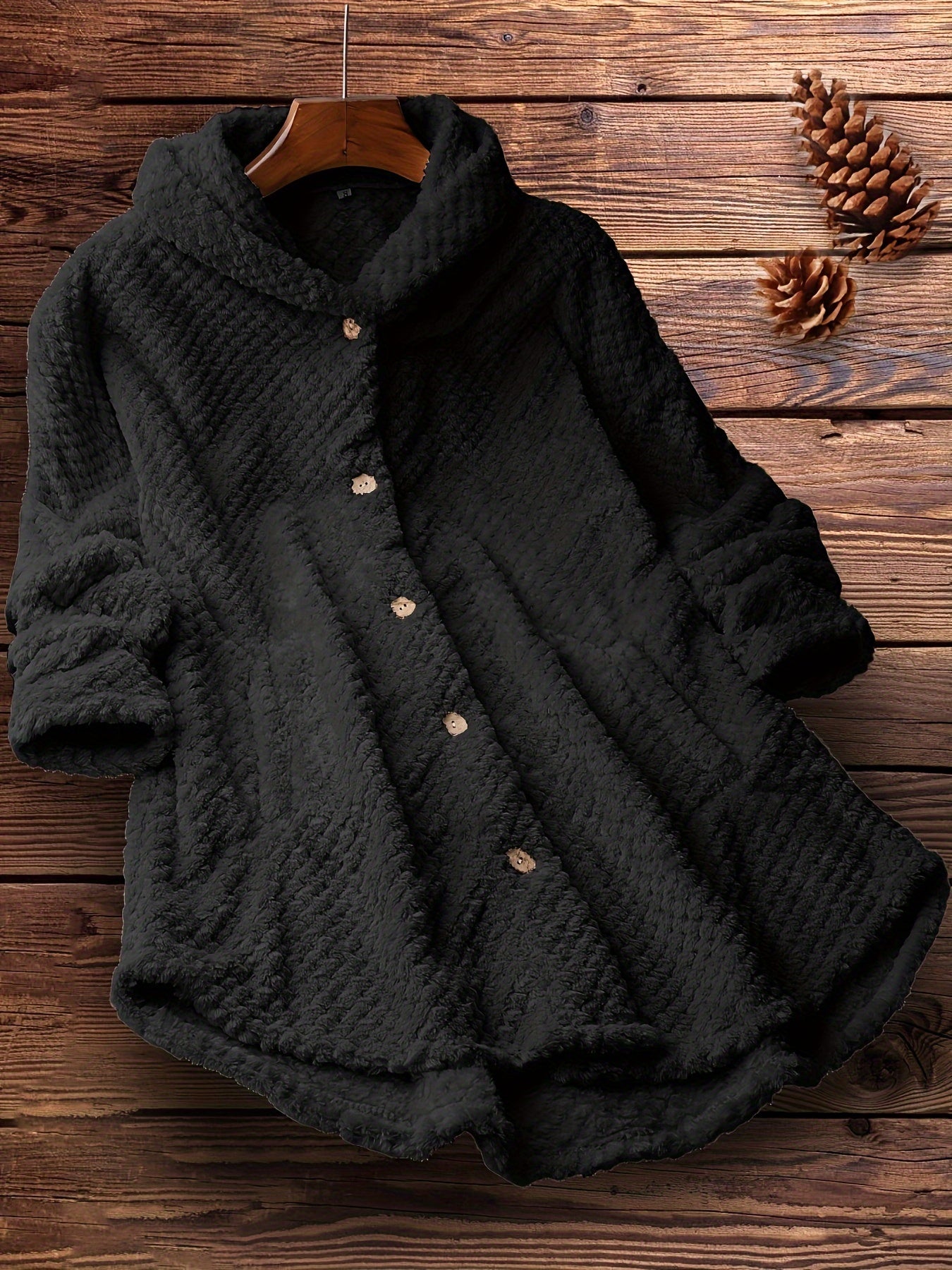 Button Front Hooded Coat, Casual Solid Long Sleeve Winter Outerwear, Women's Clothing