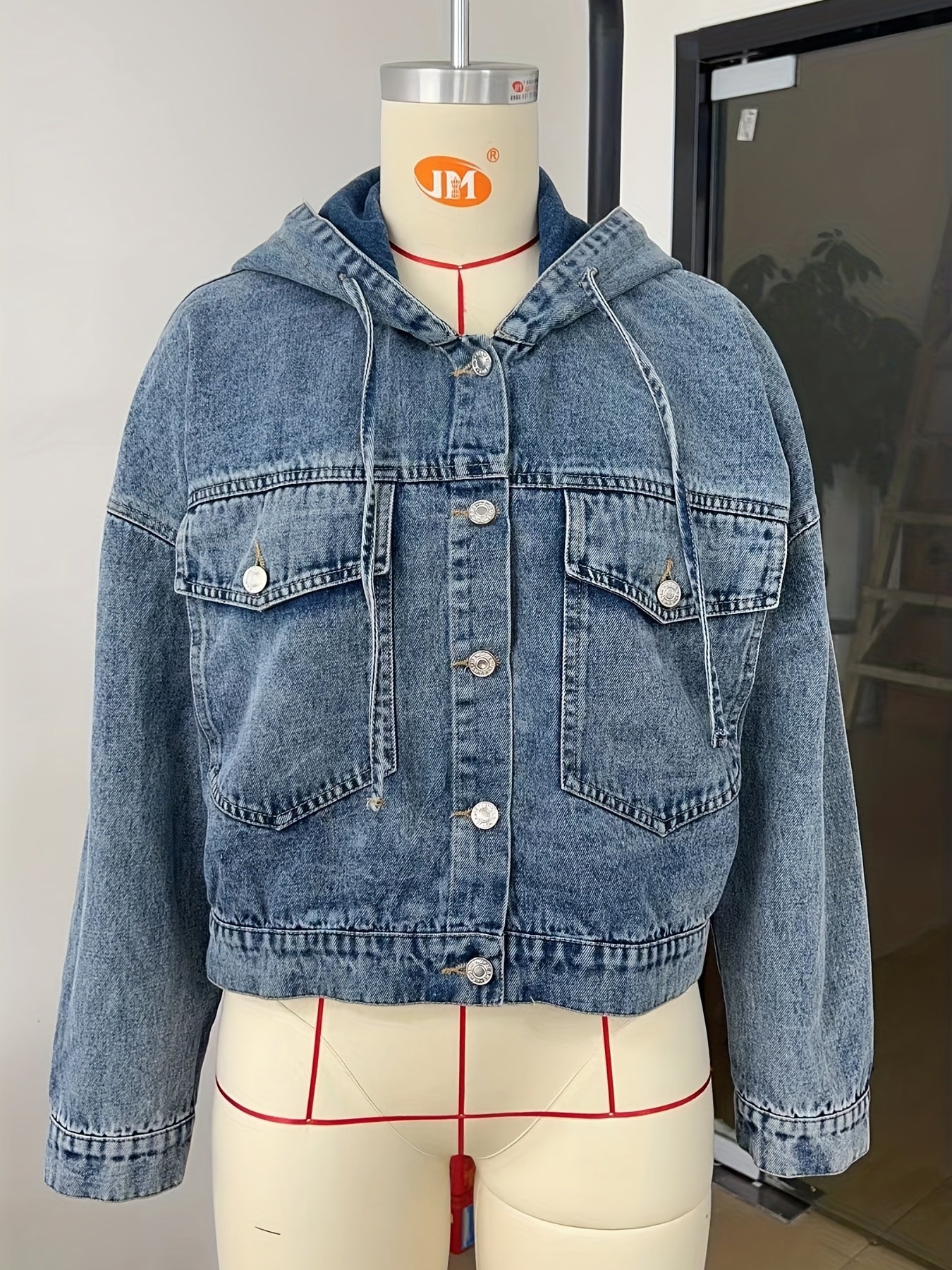 gbolsos Plain Hooded Cropped Denim Coats, Single-Breasted Button Long Sleeves Flap Pockets Denim Jackets, Women's Denim Clothing