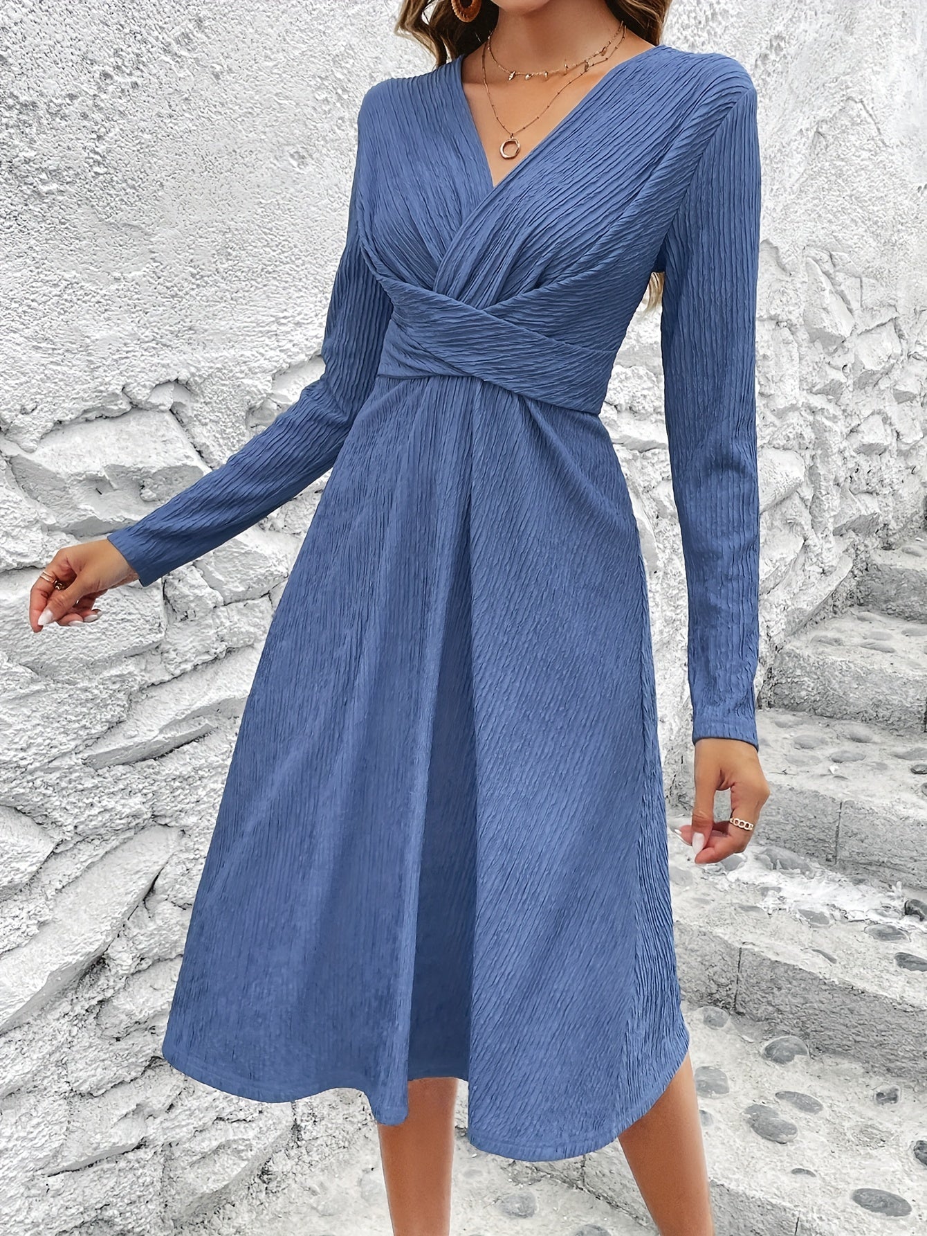 Criss Cross Solid Dress, Elegant Simple V Neck Long Sleeve Dress, Women's Clothing