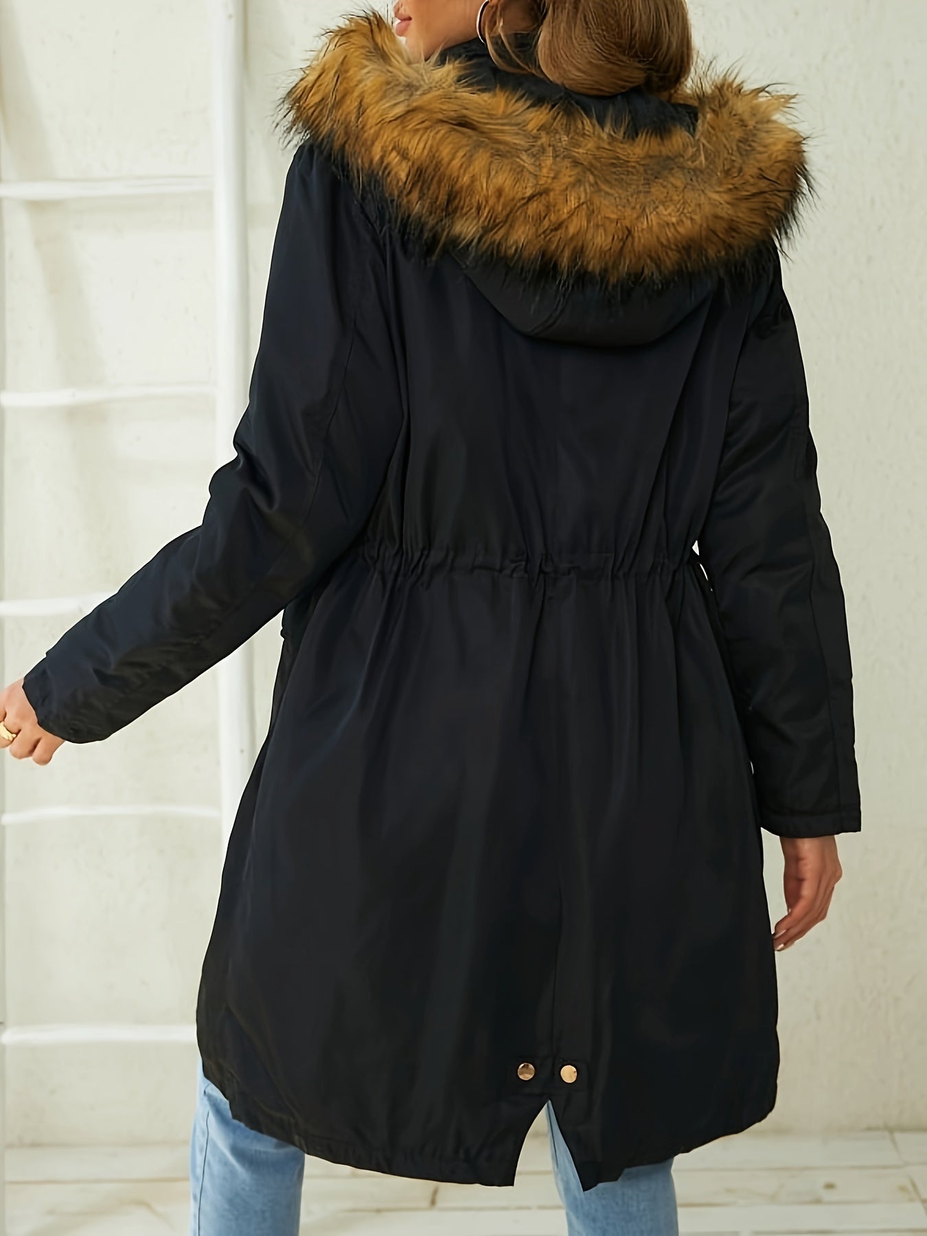 gbolsos Faux Fur Trim Hooded Coat, Casual Zip & Button Front Long Sleeve Winter Warm Outerwear, Women's Clothing