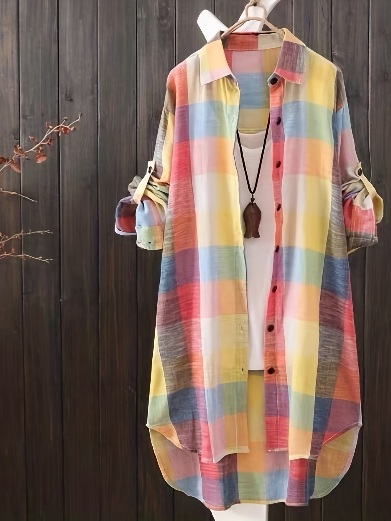 Plaid Print Dipped Hem Shirt, Casual Mid Length Button Front Turn Down Collar Long Sleeve Shirt, Women's Clothing