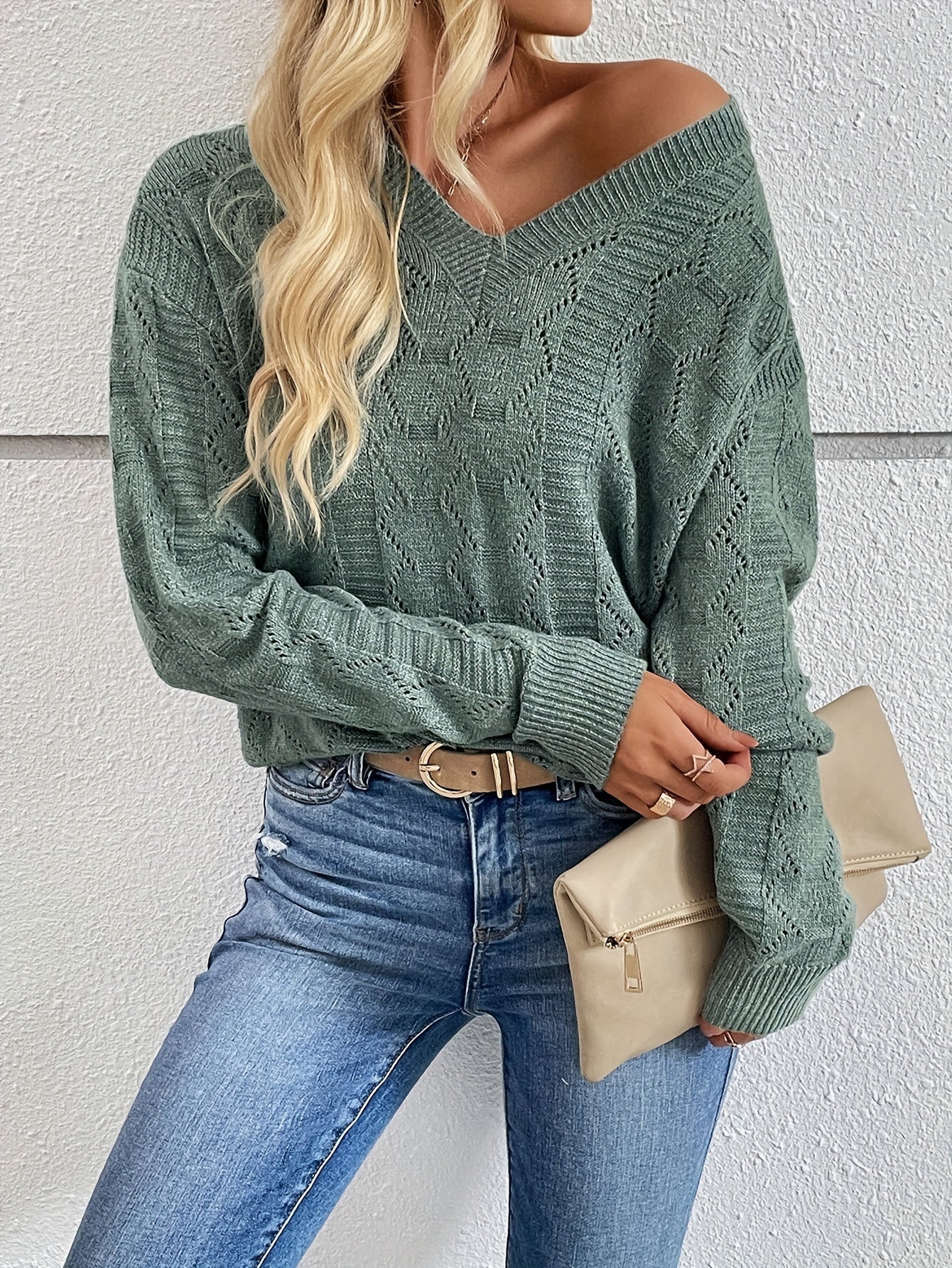 gbolsos Eyelet V Neck Pullover Sweater, Casual Long Sleeve Sweater For Fall & Winter, Women's Clothing