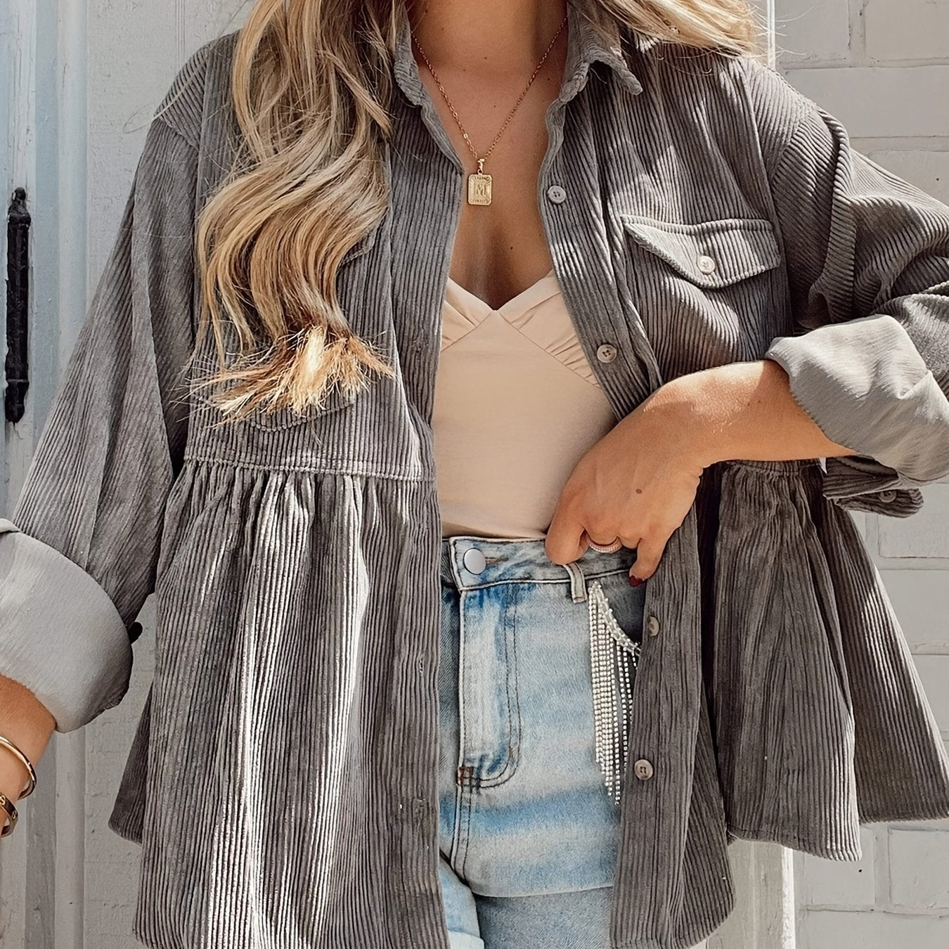 gbolsos Corduroy Lapel Pocket Jacket, Casual Long Sleeve Button Down Fashion Single Breasted Loose Fall Winter Outerwear, Women's Clothing