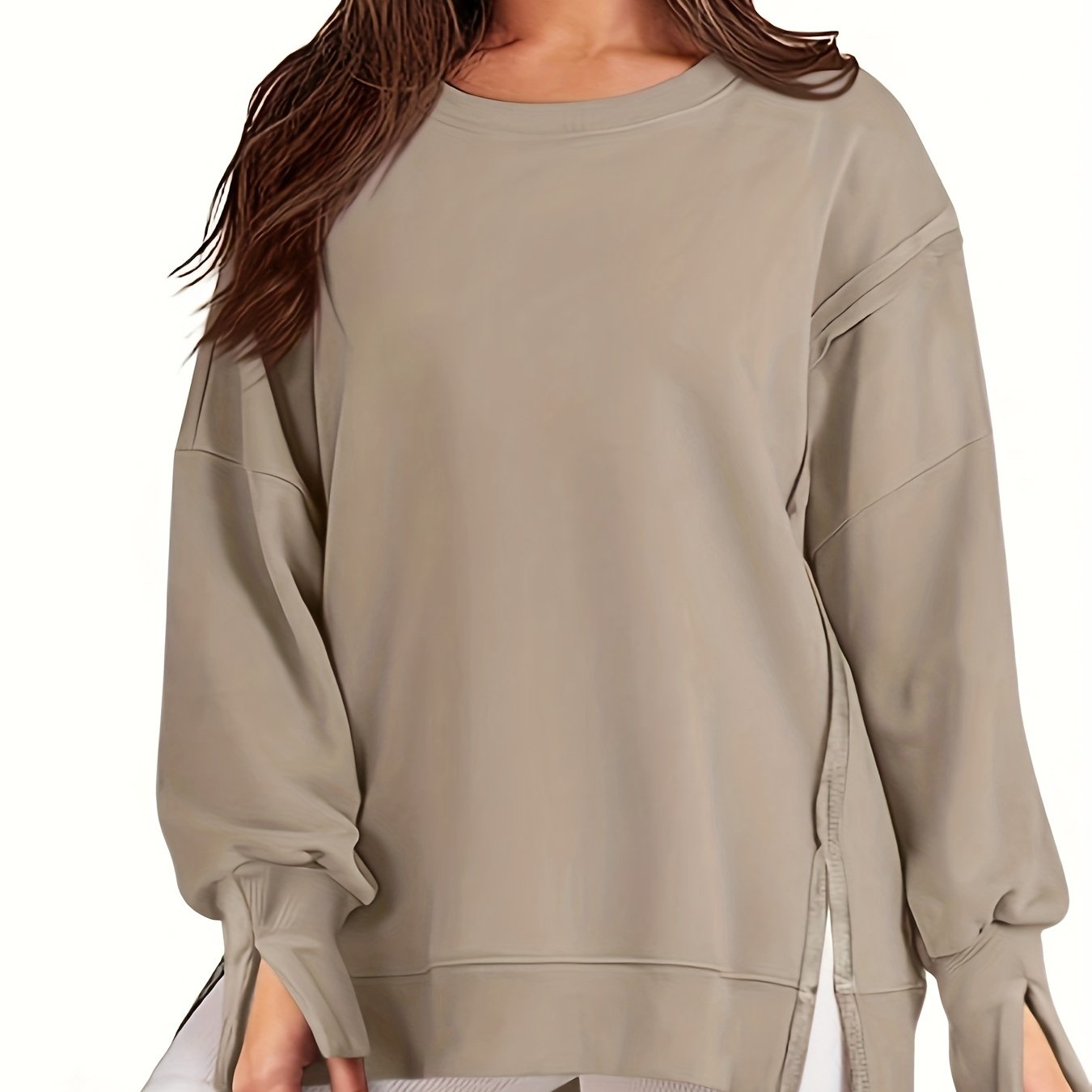 Top-stitching Dipped Hem Pullover Sweatshirt, Casual Long Sleeve Crew Neck Sweatshirt For Fall & Winter, Women's Clothing