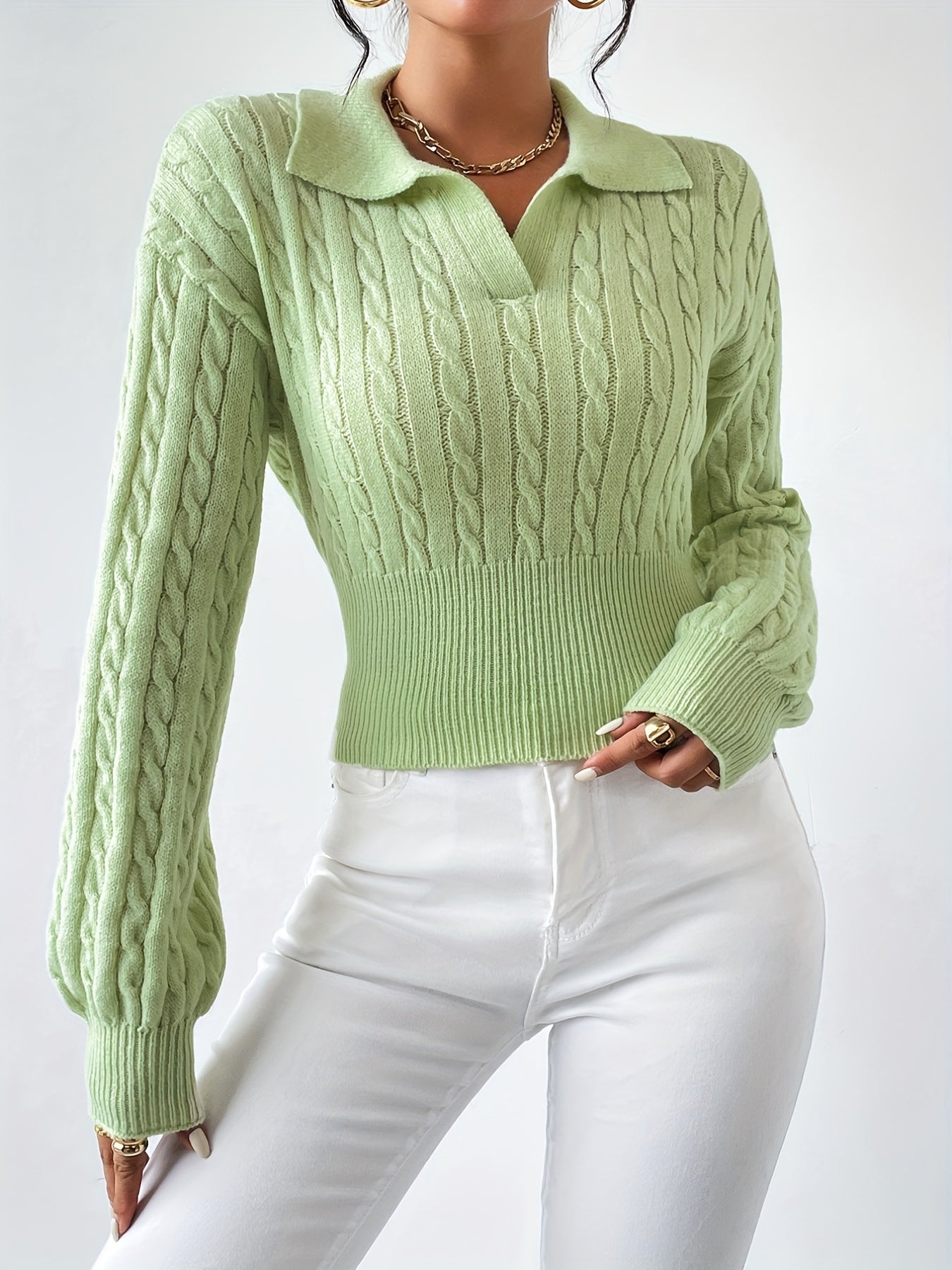 gbolsos Twist Textured V Neck Knitted Top, Casual Long Sleeve Sweater For Fall & Winter, Women's Clothing