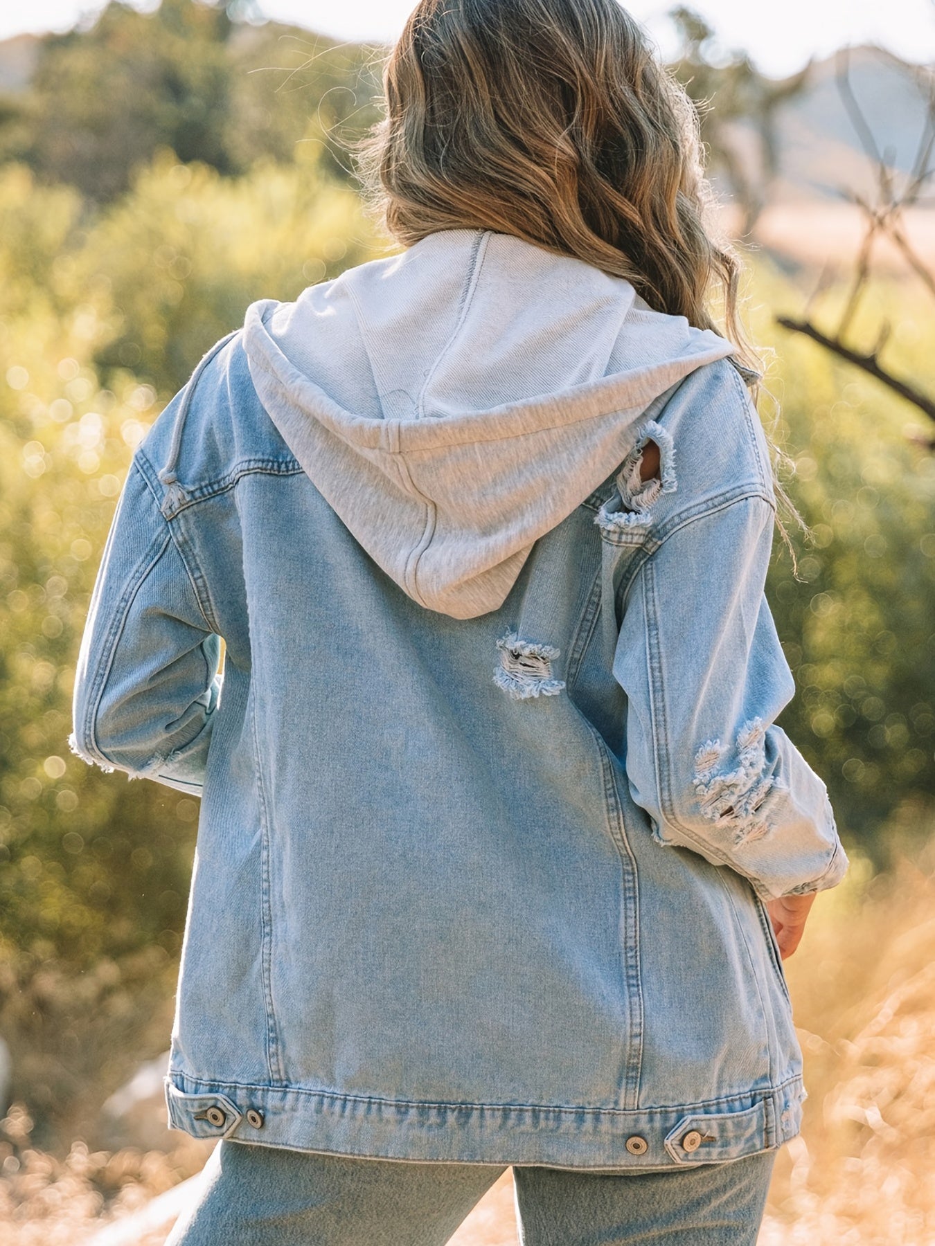 Blue Closure Button Denim Coats, Ripped Long Sleeve Distressed Flap Pockets Denim Jackets, Women's Denim Clothing