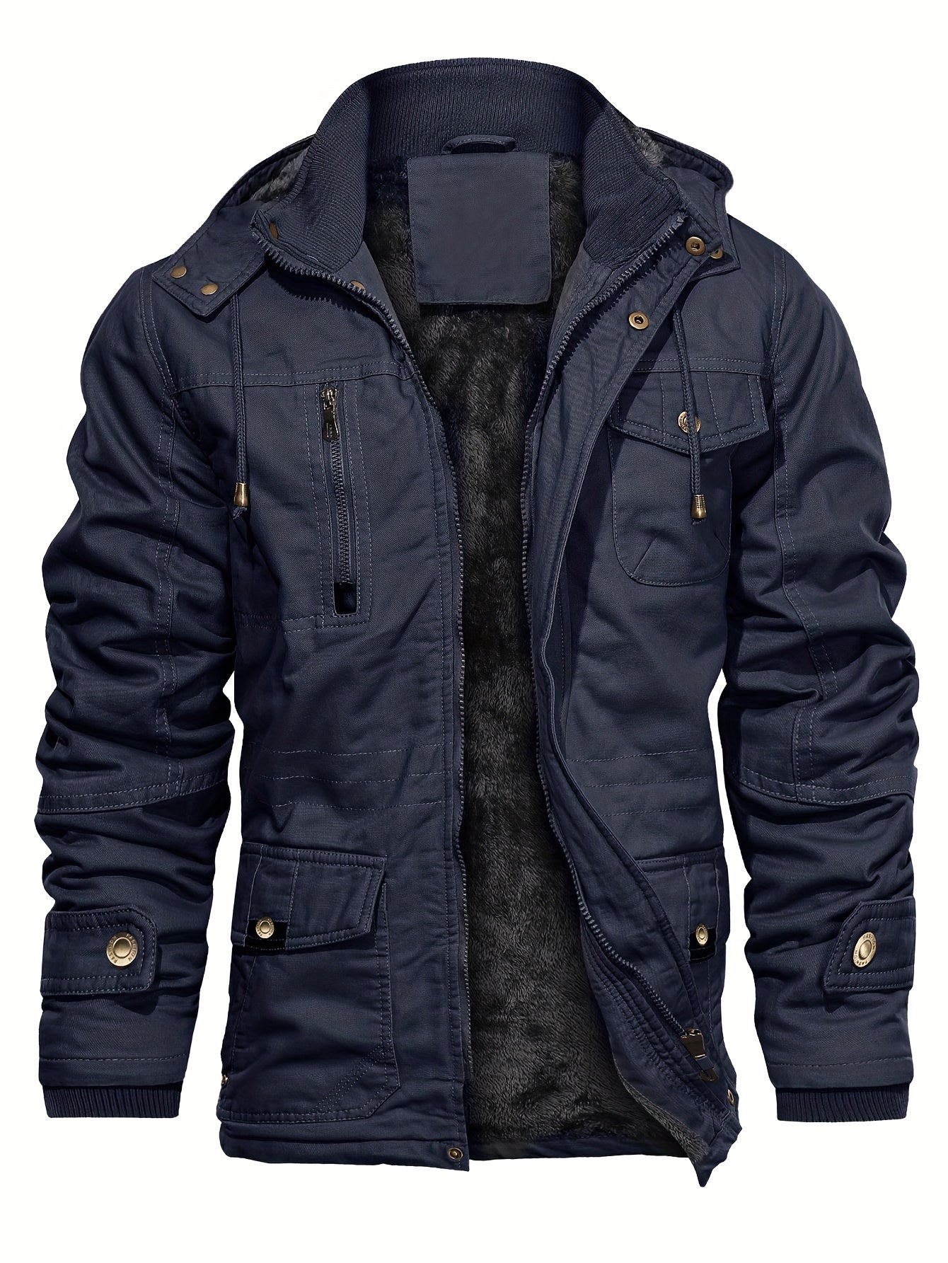 gbolsos Men's Winter Cargo Jackets Casual Thicken Multi-Pocket Outwear Fleece Lined Military Warm Coat Removable Hood