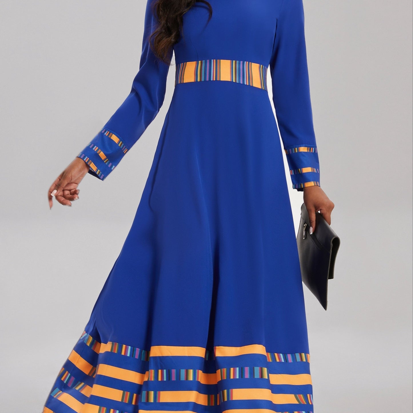 gbolsos Striped & Color Block Ankle Dress, Casual Crew Neck Long Sleeve Dress, Women's Clothing