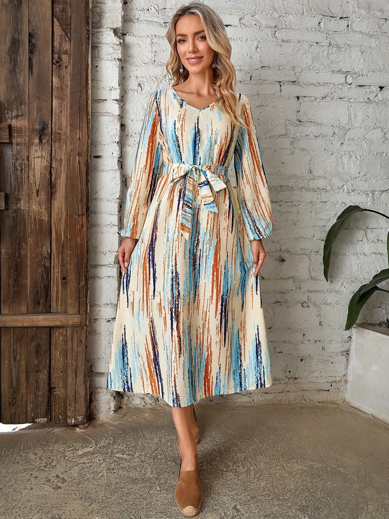 gbolsos Abstract Print Midi Dress, Casual V Neck Long Sleeve Dress, Women's Clothing