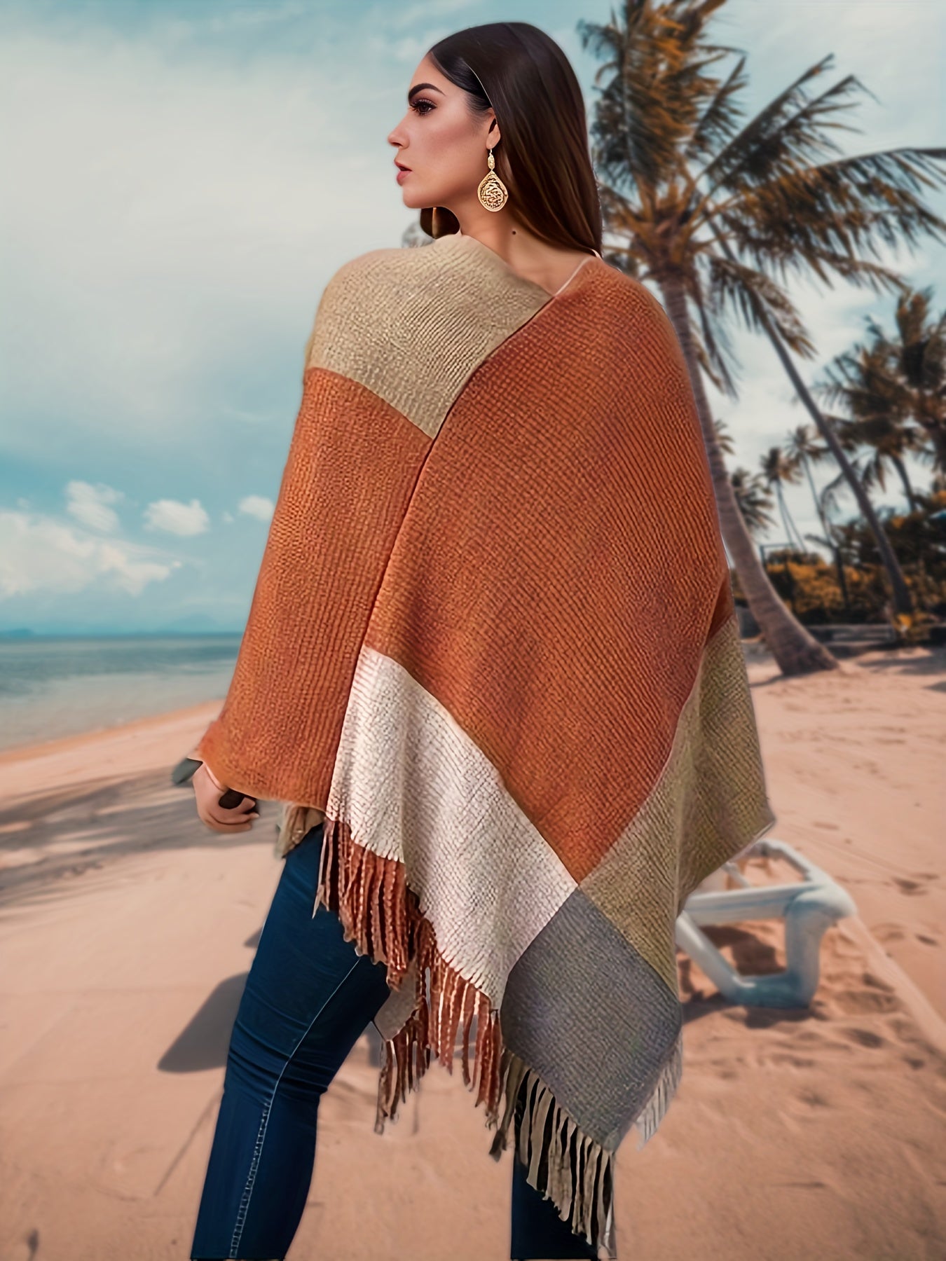 Plus Size Casual Coat, Women's Plus Colorblock Batwing Sleeve V Neck Tassel Trim Medium Stretch Shawl Cape Sweater Overcoat