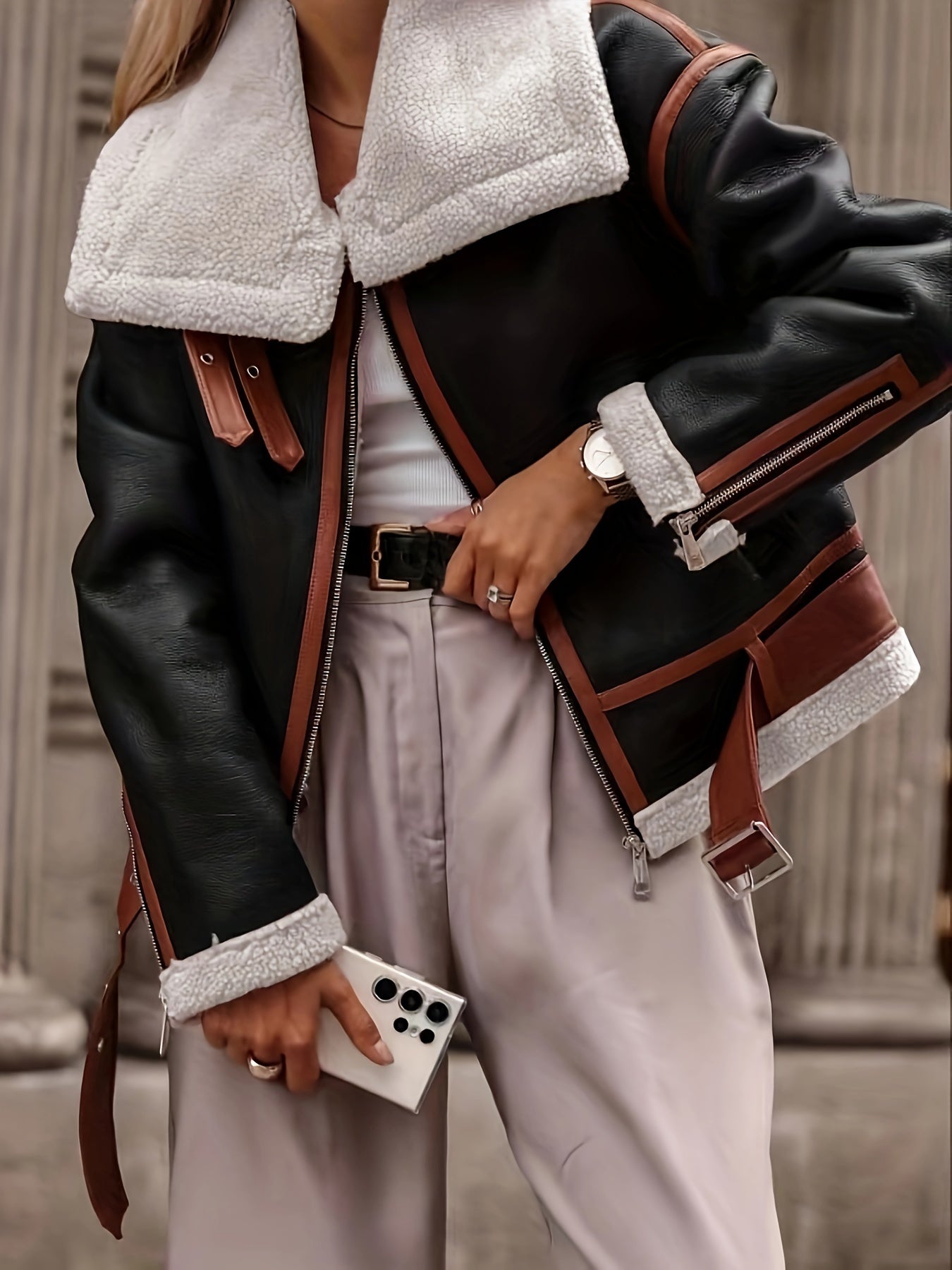 gbolsos Faux Leather Contrast Trim Zip-up Jacket, Stylish Long Sleeve Lapel Belt Jacket For Fall & Winter, Women's Clothing