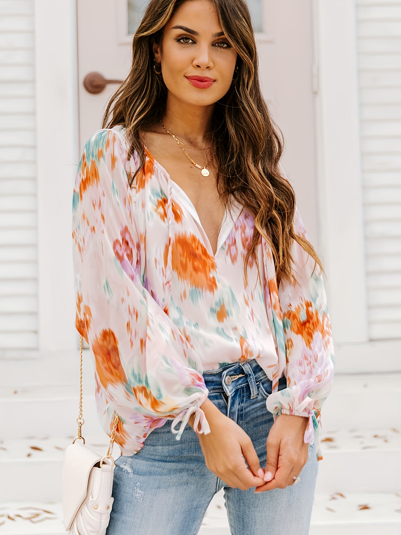 gbolsos Tie Dye Print Blouse, Casual V Neck Tie Front Long Sleeve Blouse, Women's Clothing
