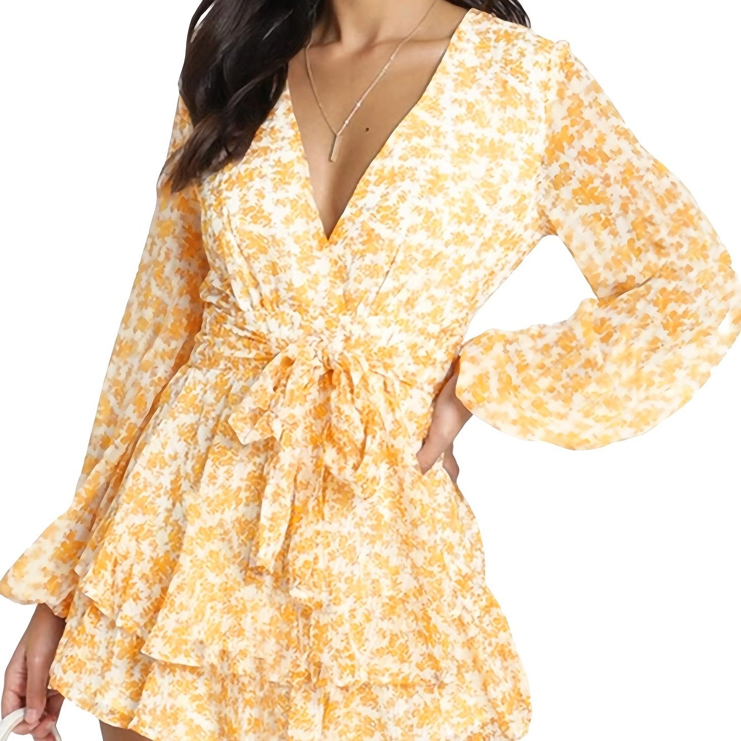 elveswallet Ladies Polka-dot V-neck Jumpsuits, Long Sleeve Ruffle Hem Romper Playsuit, Casual Every Day Romper, Women's Clothing