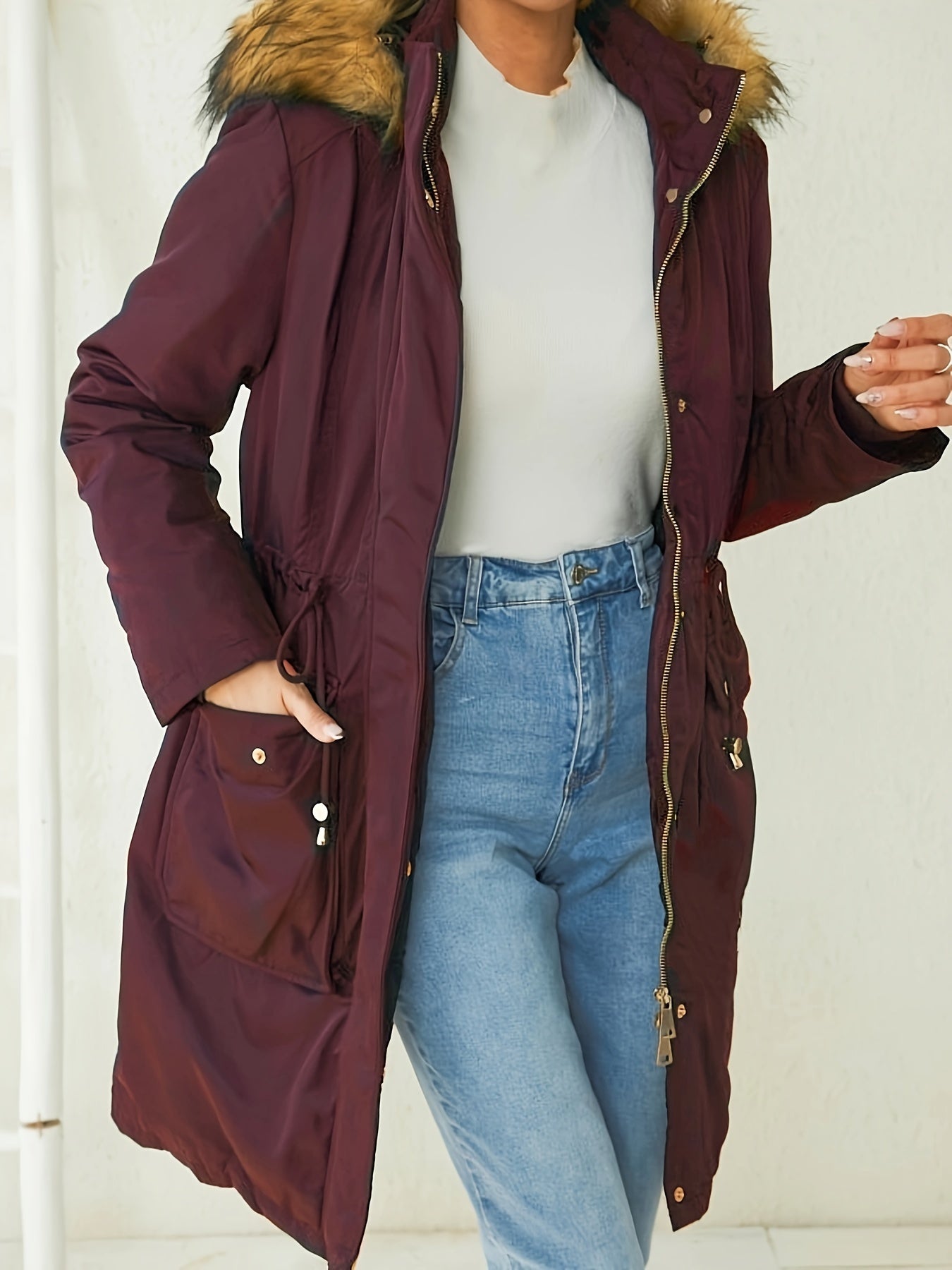 gbolsos Faux Fur Trim Hooded Coat, Casual Zip & Button Front Long Sleeve Winter Warm Outerwear, Women's Clothing