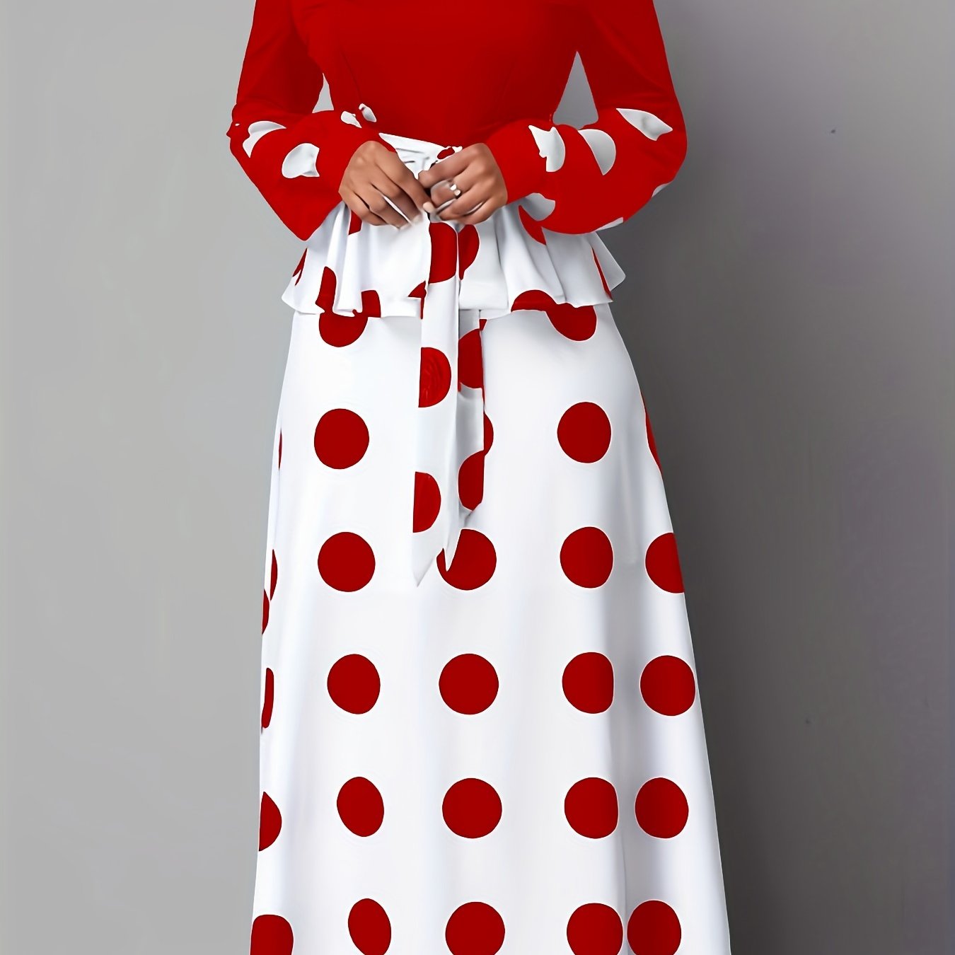 gbolsos Color Block Polka Dot V Neck Long Sleeve Dress, Elegant High Tie Waist Flared Maxi Dress, Women's Clothing