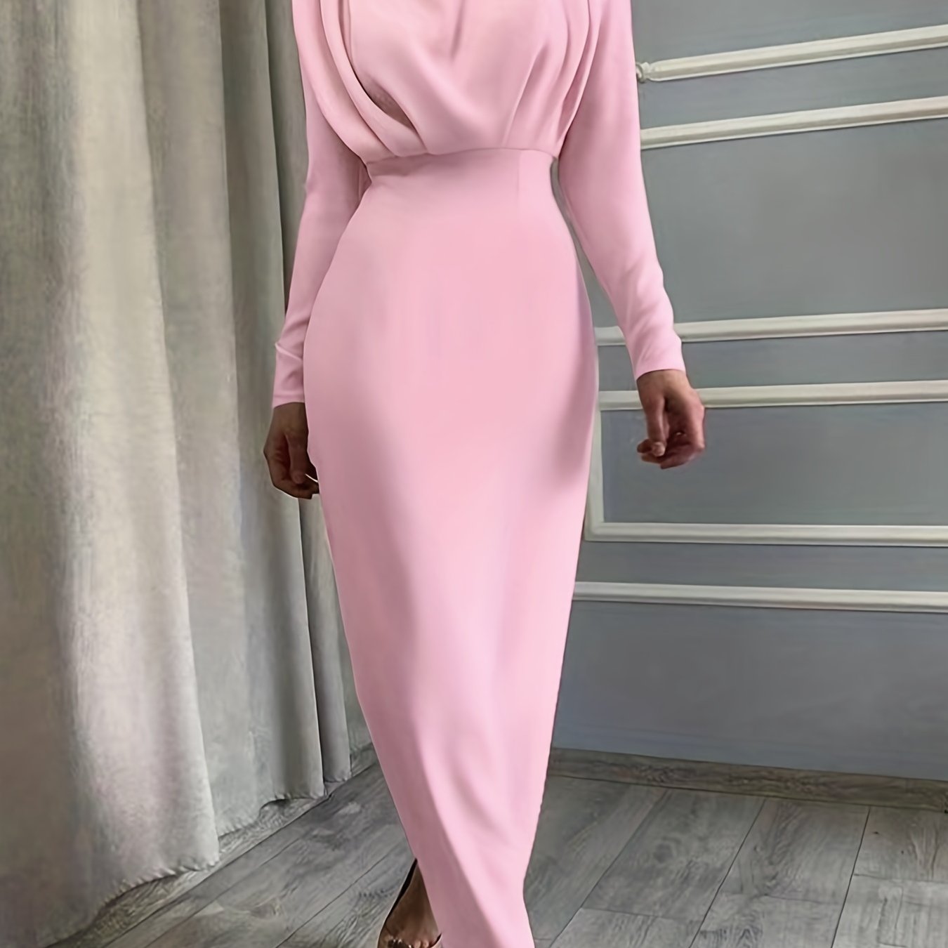 Solid Ruched Dress, Elegant Simple Long Sleeve Slim Waist Dress, Women's Clothing