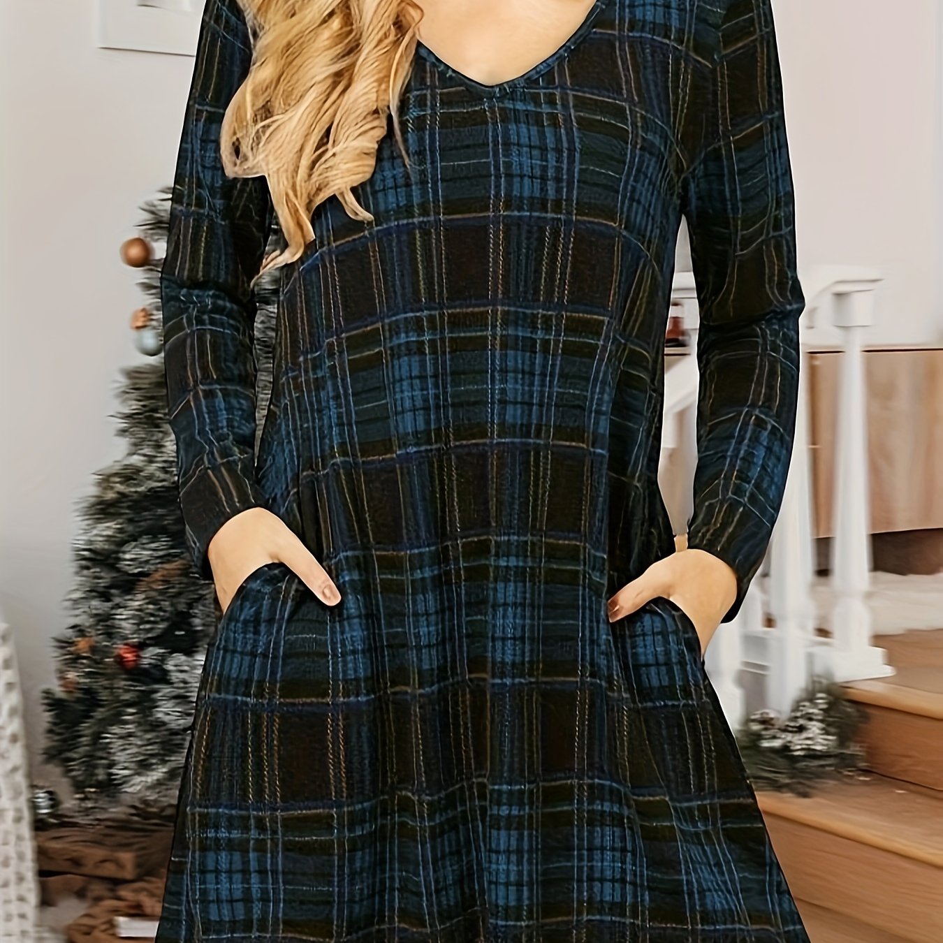 gbolsos Plaid V Neck Dress, Casual Long Sleeve Dress, Women's Clothing