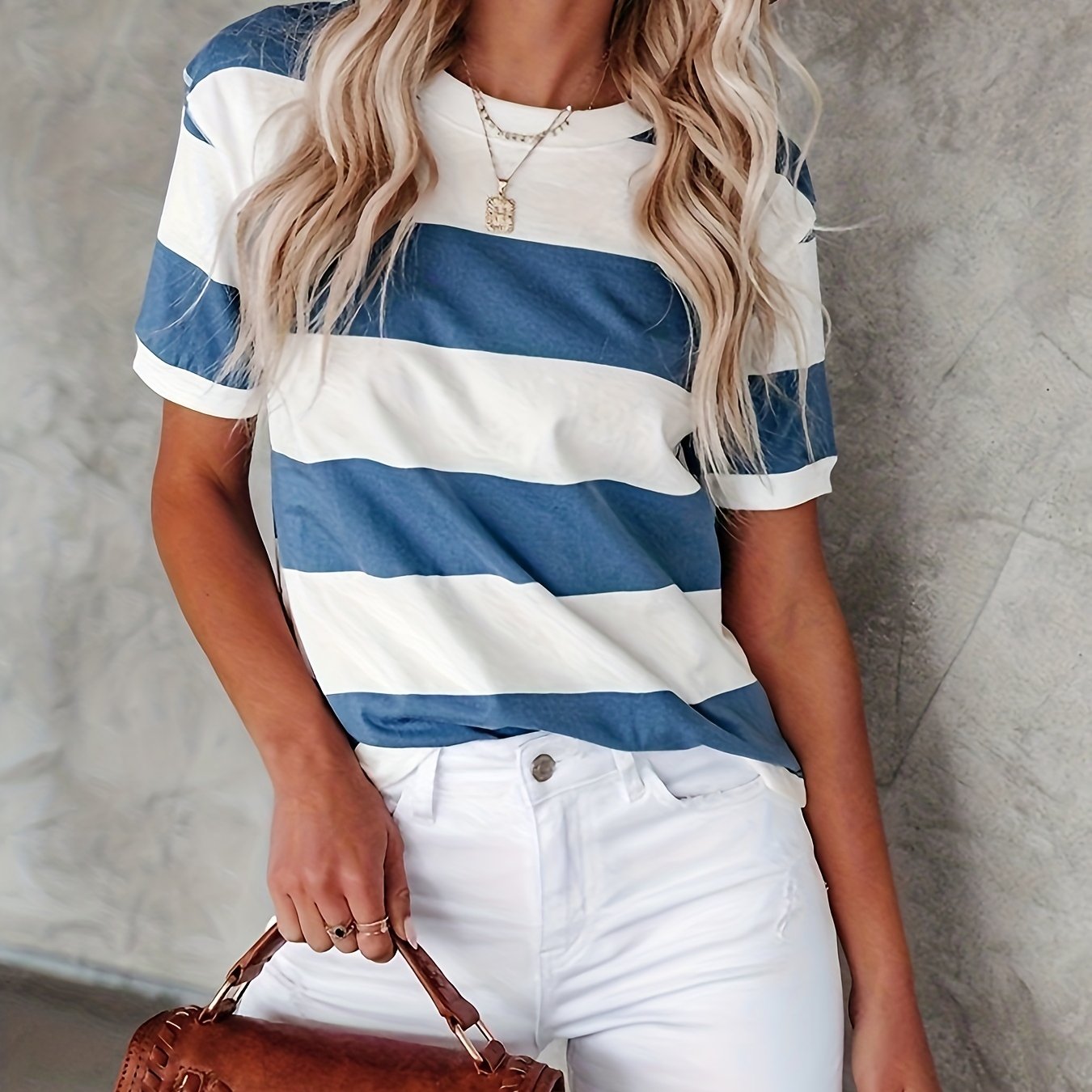 gbolsos Short Sleeve Striped T-Shirt, Crew Neck Casual Top For Summer & Spring, Women's Clothing