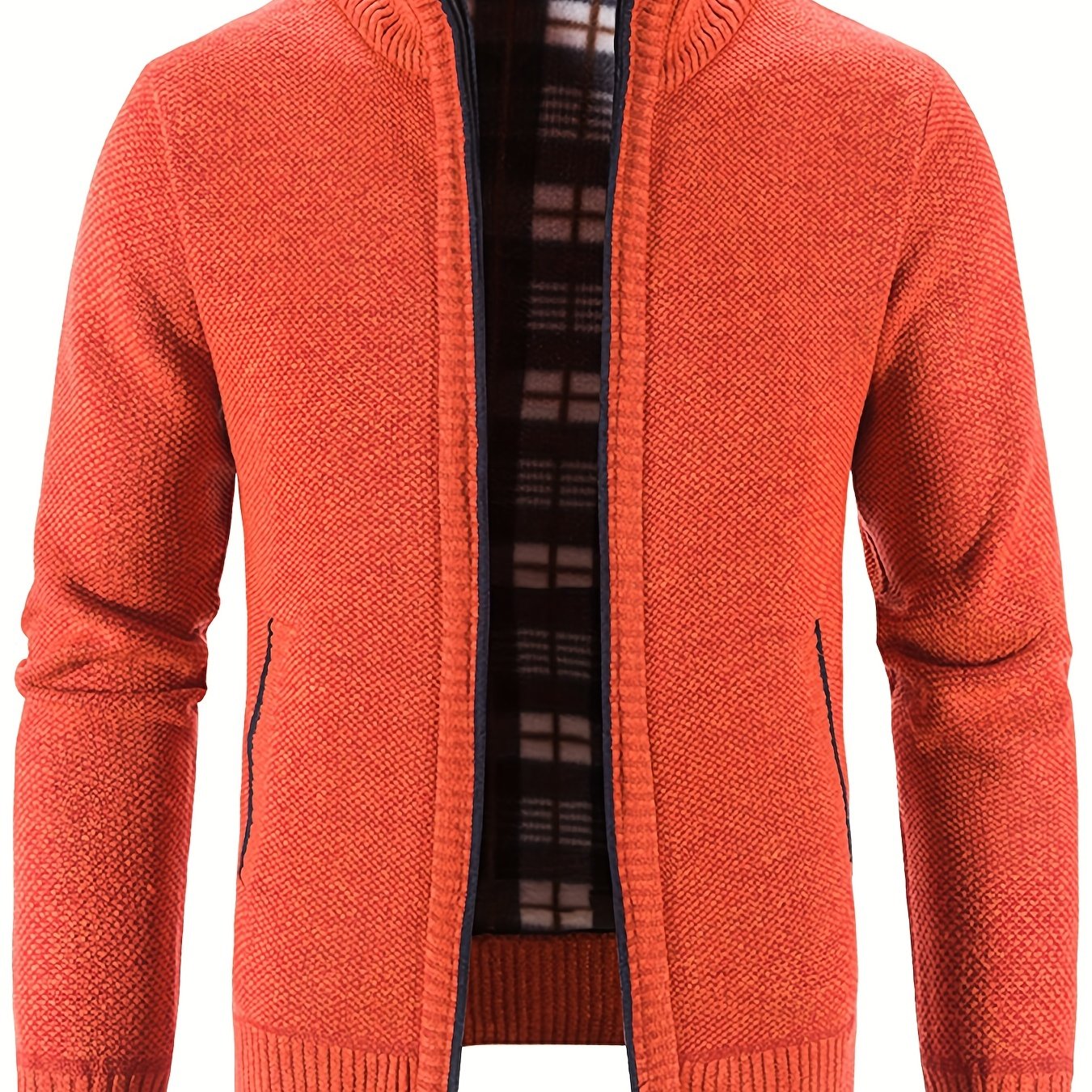 gbolsos Warm Stand Collar Fleece Jacket, Men's Semi-formal Comfortable Solid Color Zip Up Knitted Cardigan For Spring Fall