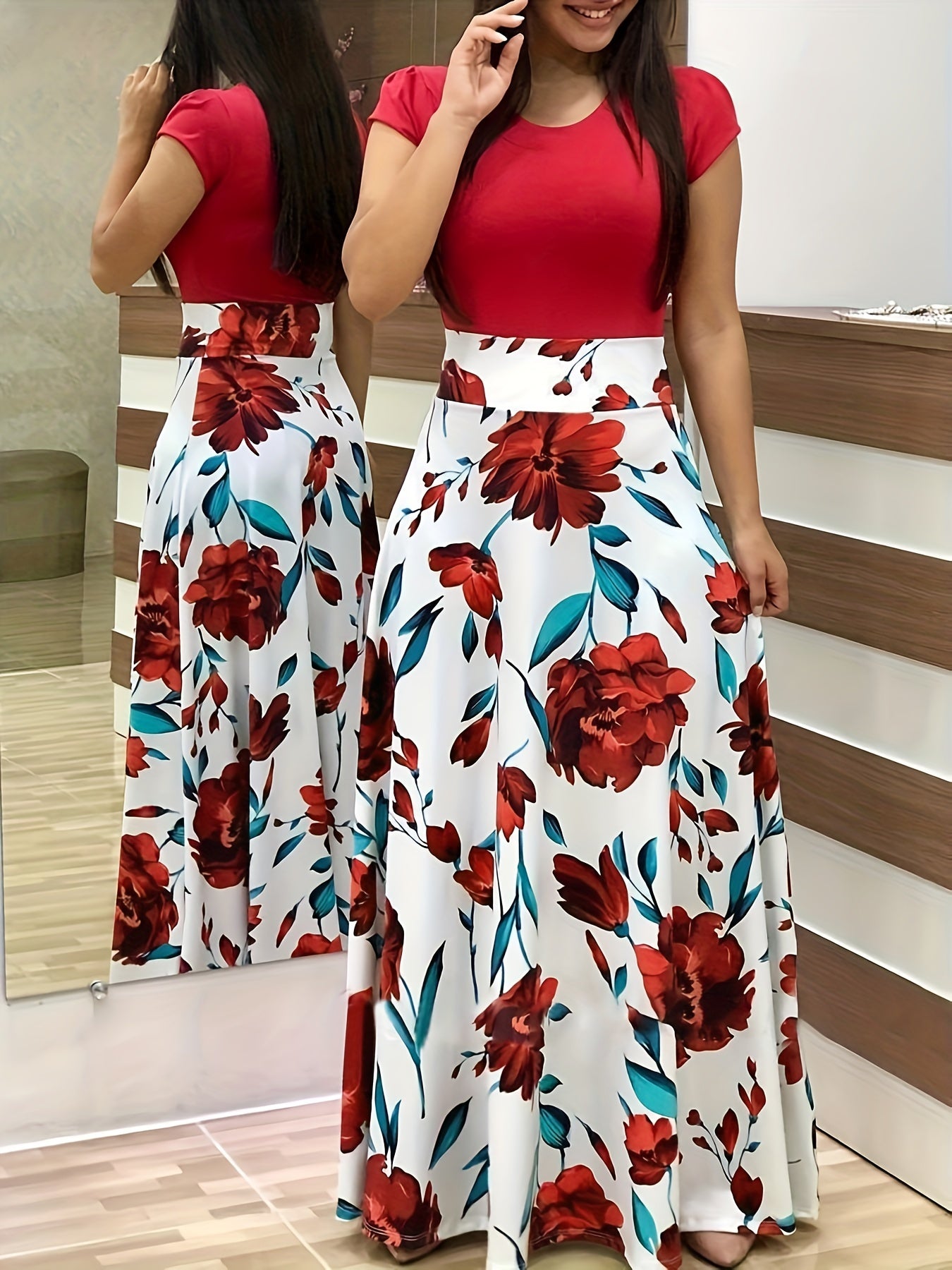 gbolsos Floral Print Splicing Dress, Elegant Crew Neck Short Sleeve Pleated Maxi Dress, Women's Clothing