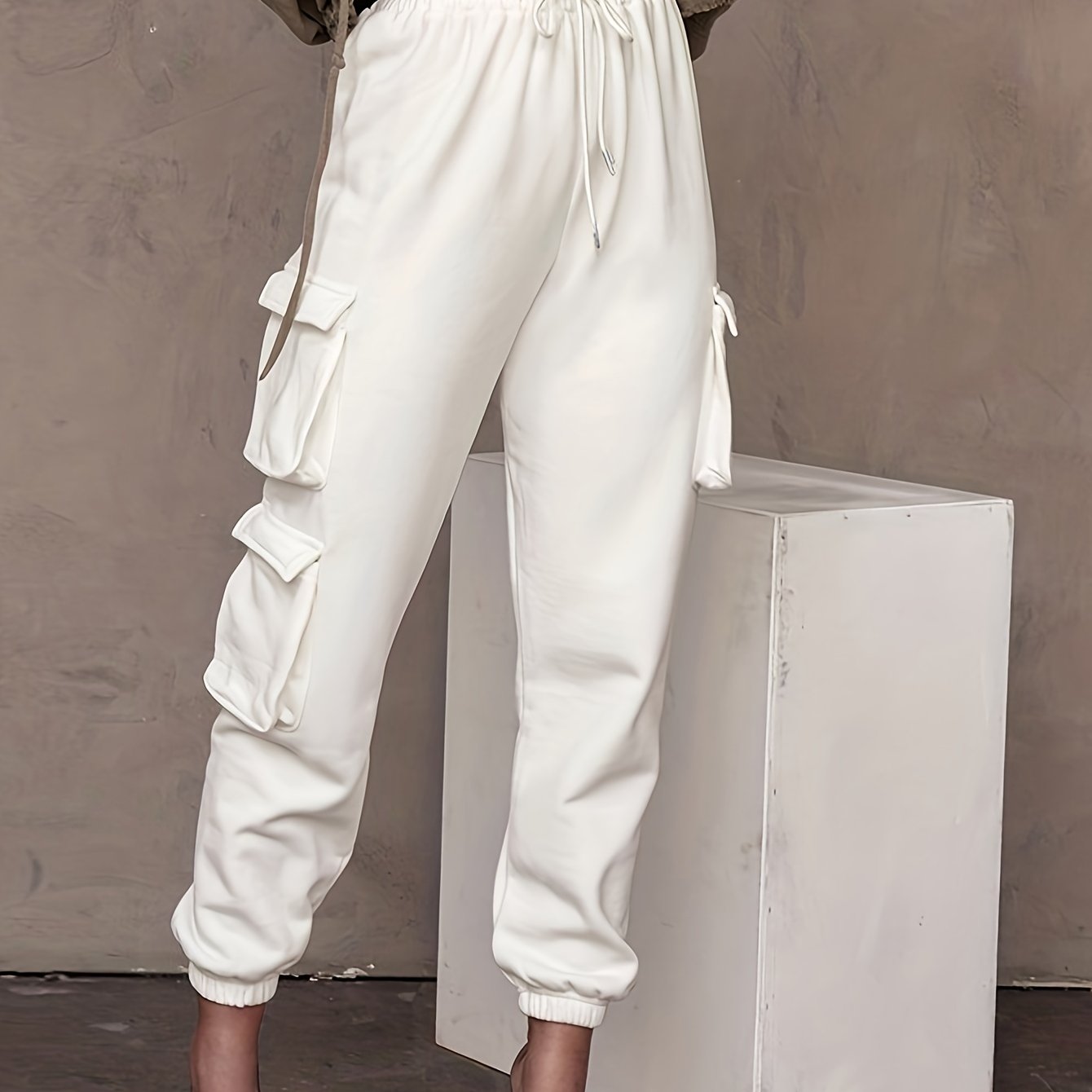 gbolsos Drawstring Baggy Cargo Pants, Casual High Waist Flap Pockets Pants, Women's Clothing