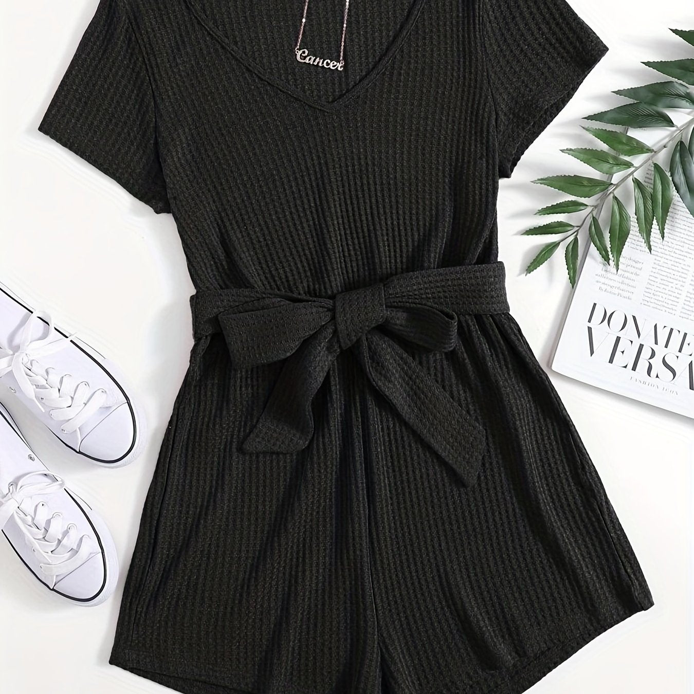 elveswallet Waffle Knit Short Sleeve Jumpsuit, V Neck Casual Jumpsuit For Summer & Spring, Women's Clothing