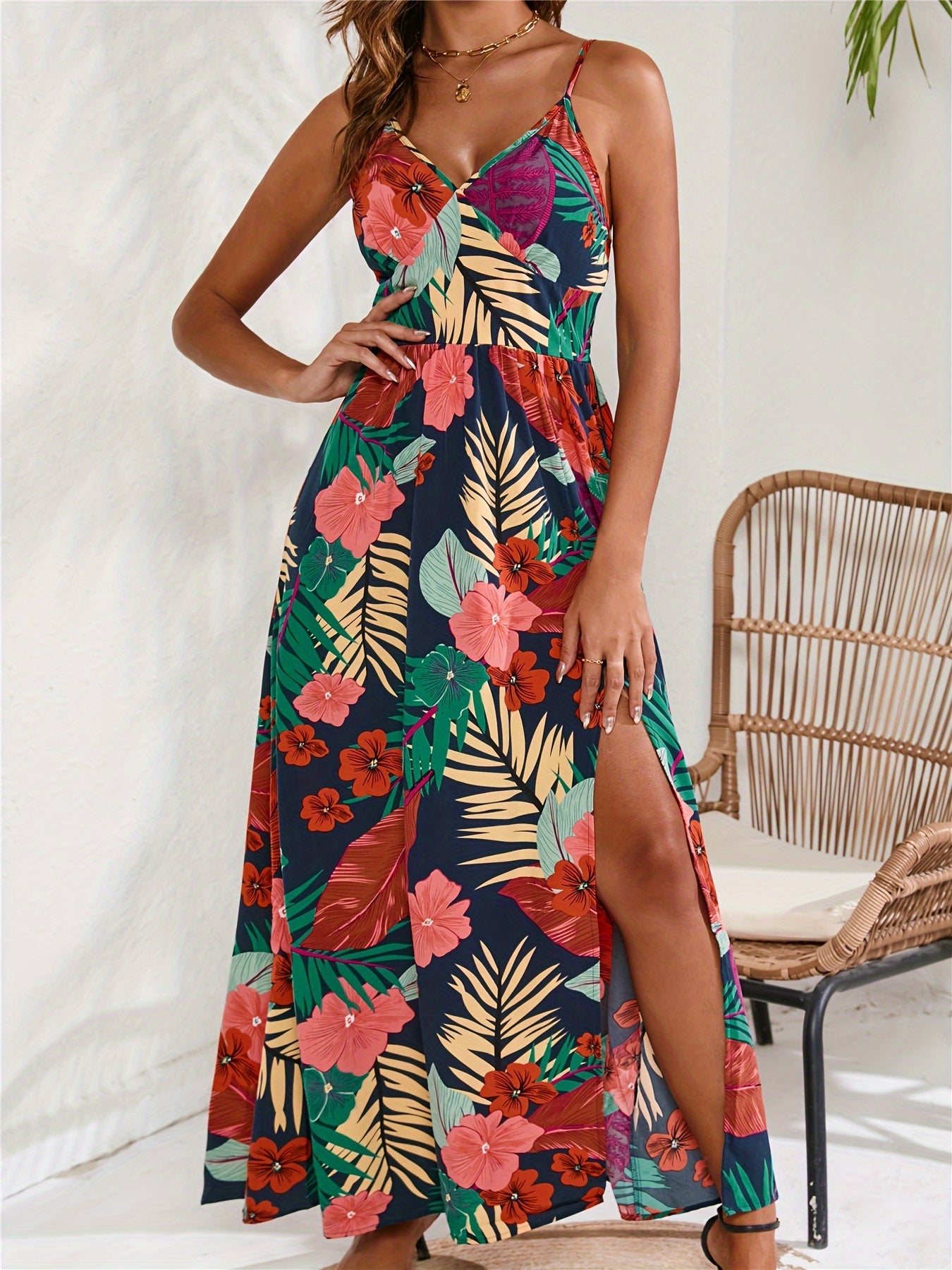 gbolsos Tropical Print Cami Dress, Vacation Split Thigh Sleeveless Summer Maxi Dress, Women's Clothing