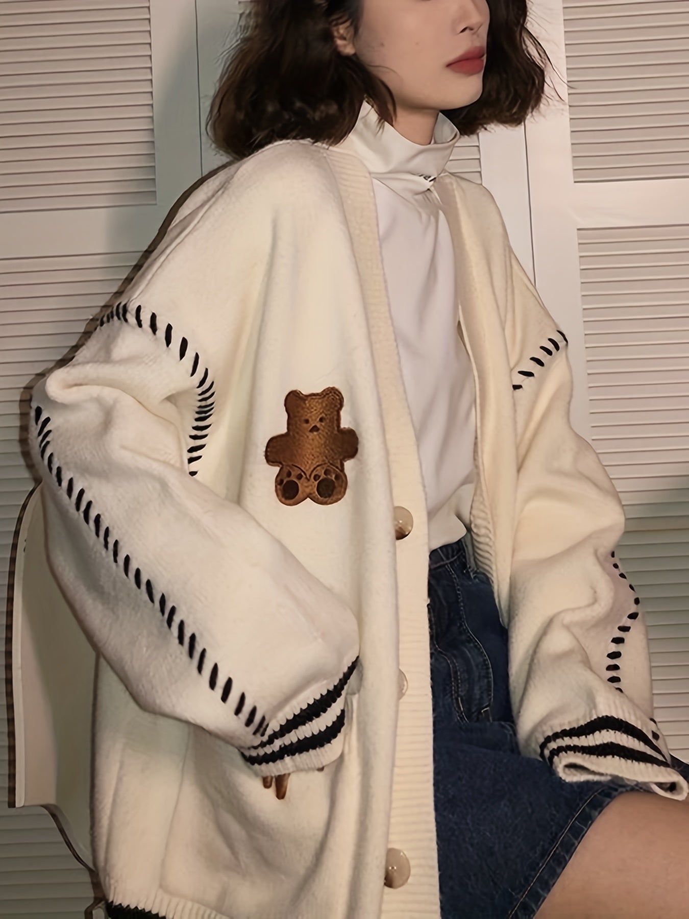 gbolsos Cute Bear Embroidered Cardigan, Casual Long Sleeve Cardigan For Fall & Winter, Women's Clothing