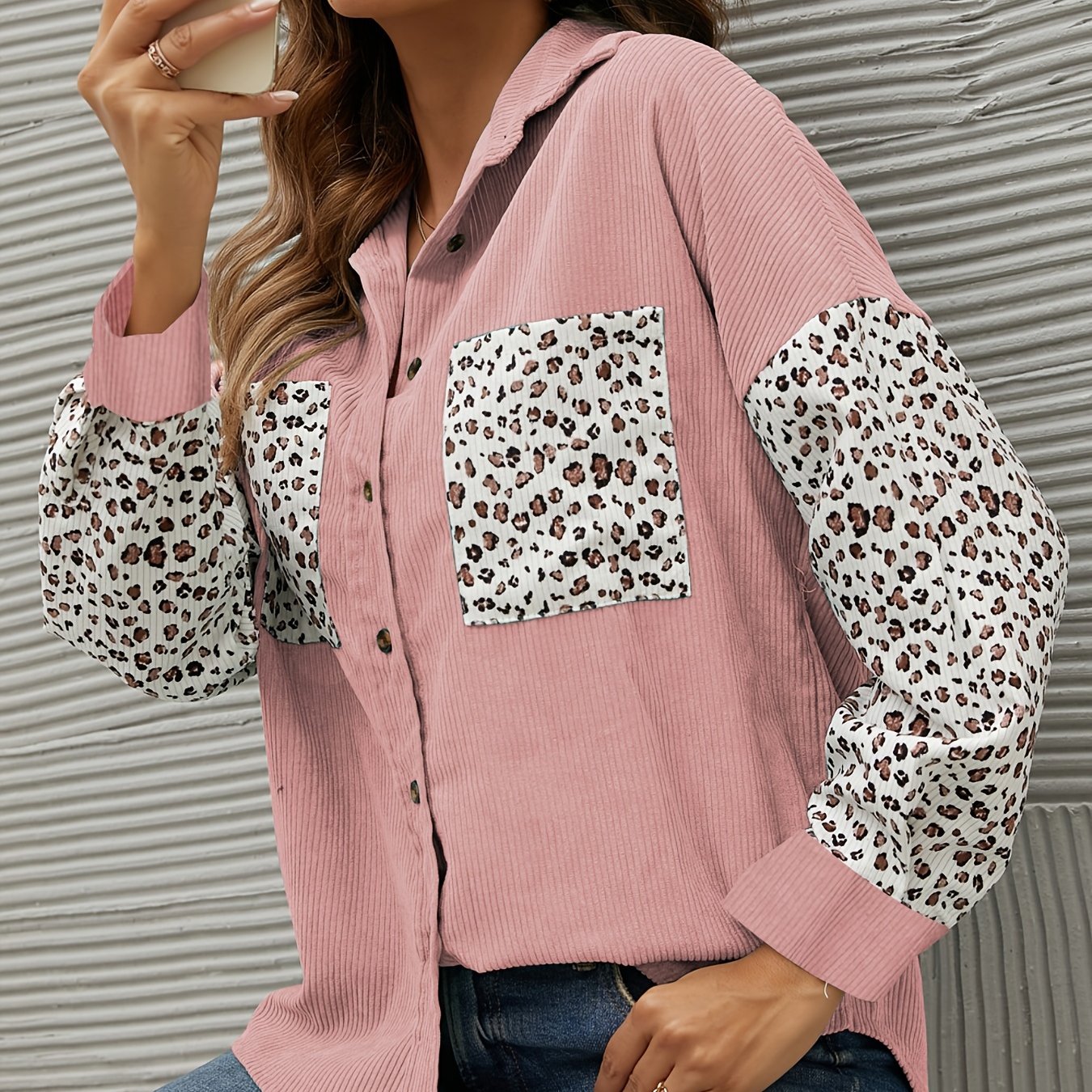 gbolsos Corduroy Leopard Print Stitching Coat, Casual Lapel Long Sleeve Button Down Fashion Loose Outerwear, Women's Clothing