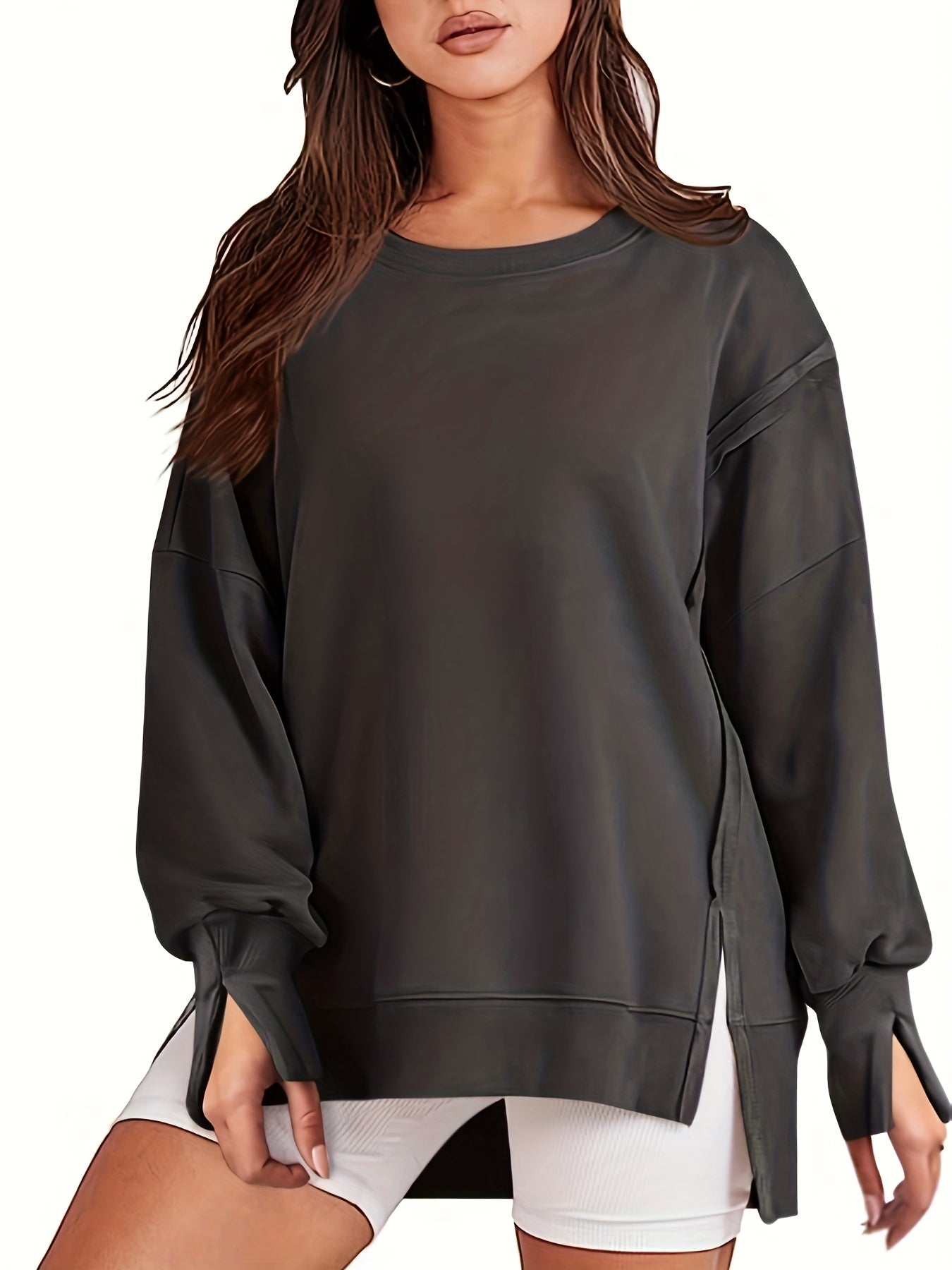 Top-stitching Dipped Hem Pullover Sweatshirt, Casual Long Sleeve Crew Neck Sweatshirt For Fall & Winter, Women's Clothing